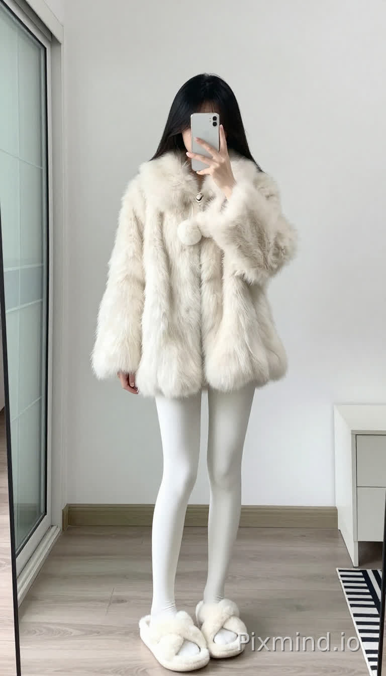 一名年轻女子,站在全身镜前自拍,左手拿着一部白色智能手机遮住半张脸。她穿着一件超大号的米白色蓬松毛皮大衣,有灯笼袖,蓬松的毛皮领子上装饰着两个小绒球。下半身穿着白色紧身裤,搭配一双白色蓬松拖鞋,鞋头有交叉设计。她有一头黑色长发,姿势微微侧身,面朝镜子。
室内环境:白色纯色墙壁,浅灰色木地板,左侧有一扇带白色框架的玻璃推拉门,右侧有一个白色小柜子,柜子附近可以看到部分黑白条纹地毯。光线柔和自然,投下柔和的阴影,高清晰度,毛皮大衣、紧身裤和拖鞋的纹理细腻。写实风格,主体聚焦清晰,镜子里的倒影清晰,整体色调干净明亮。