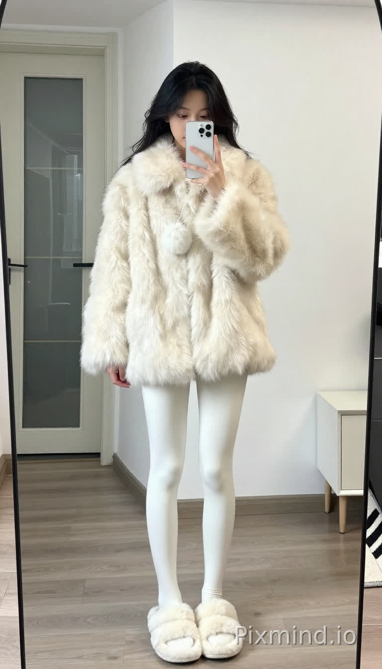 一位年轻的亚洲女性正在镜前自拍,她站在一个明亮、极简风格的室内房间里。她有着一头黑色长发,略带凌乱,自然蓬松,正对着镜头。她穿着一件超大号、毛茸茸的米白色毛皮大衣,带有灯笼袖,高领边缘点缀着柔软的白色毛皮,衣领上还有两个绒球。外套微微敞开,宽松的版型一直垂到大腿中部。她搭配了紧身白色 leggings,凸显出她修长笔直的双腿,脚上是一双又大又毛茸茸的白色拖鞋,设计厚实舒适。她的右手拿着一部后置三摄的白色智能手机,手机靠近脸部,左手自然垂在身侧。
背景:白色的素净墙面,浅灰色的木地板,木纹清晰可见。她的左侧是一扇白色边框的玻璃推拉门,透过玻璃可以看到里面深色的室内。右侧靠墙放着一个白色的小边桌/柜子,框架中还能看到部分黑白条纹地毯垂落下来。光线柔和均匀,营造出温暖自然的氛围,细节纹理清晰——毛皮大衣显得蓬松柔软, leggings 光滑,拖鞋毛茸茸,木地板呈哑光质感。镜子边框为黑色,框住了整个场景,将她的全身都纳入其中。真实渲染,纹理细节丰富,阴影柔和,肤色自然,色彩鲜艳却又不失真实感。