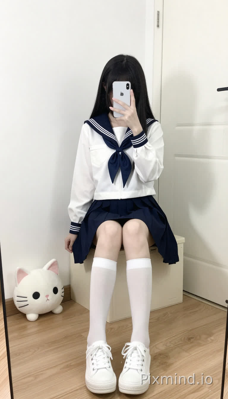 一个年轻女子正在自拍,她坐在一个米色的储物长凳上,身处一间明亮的室内房间里。她留着黑色的长直发,垂在肩上,穿着日式水手服:白色长袖上衣,领口和袖口是深蓝色的,搭配一条深蓝色百褶裙。她双腿交叉,膝盖并拢,穿着白色及膝袜和白色厚底帆布鞋。她拿着一部白色智能手机,摄像头区域是黑色的,举在脸前。房间里有白色的墙壁,浅色木地板,背景中有一扇白色的门,靠近左墙的地板上放着一个白色的猫形毛绒玩具,有黑色的眼睛和粉色的耳朵。柔和的自然光照射着整个场景,在墙上投下她手臂的影子。整体风格是日系少女(Japanese schoolgirl style),清新自然,带有日常、舒适的氛围。(毛绒、透明塑料、金属)。