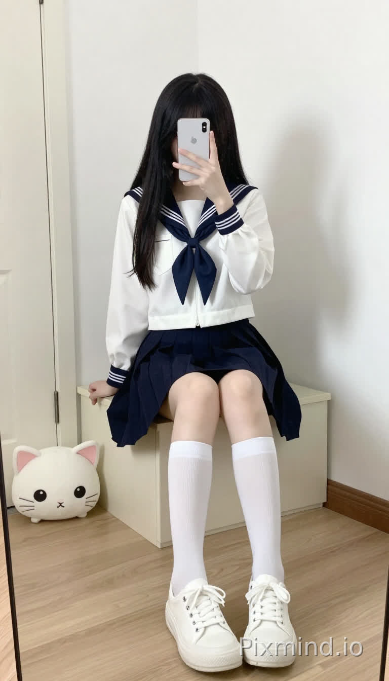 一个年轻女子正在自拍,她坐在一个米色的储物长凳上,身处一间明亮的室内房间里。她留着黑色的长直发,垂在肩上,穿着日式水手服:白色长袖上衣,领口和袖口是深蓝色的,搭配一条深蓝色百褶裙。她双腿交叉,膝盖并拢,穿着白色及膝袜和白色厚底帆布鞋。她拿着一部白色智能手机,摄像头区域是黑色的,举在脸前。房间里有白色的墙壁,浅色木地板,背景中有一扇白色的门,靠近左墙的地板上放着一个白色的猫形毛绒玩具,有黑色的眼睛和粉色的耳朵。柔和的自然光照射着整个场景,在墙上投下她手臂的影子。整体风格是日系少女(Japanese schoolgirl style),清新自然,带有日常、舒适的氛围。又不失真实感。