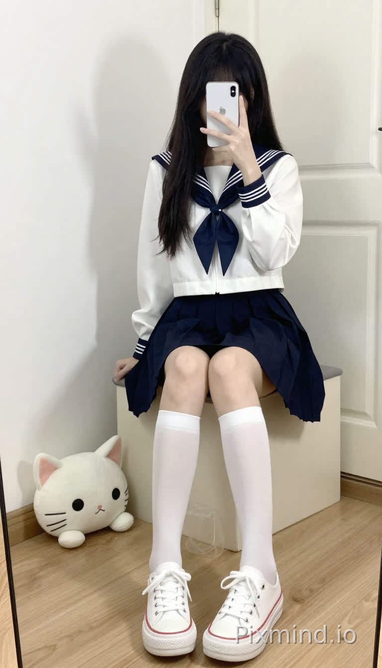 一个年轻女子正在自拍,她坐在一个米色的储物长凳上,身处一间明亮的室内房间里。她留着黑色的长直发,垂在肩上,穿着日式水手服:白色长袖上衣,领口和袖口是深蓝色的,搭配一条深蓝色百褶裙。她双腿交叉,膝盖并拢,穿着白色及膝袜和白色厚底帆布鞋。她拿着一部白色智能手机,摄像头区域是黑色的,举在脸前。房间里有白色的墙壁,浅色木地板,背景中有一扇白色的门,靠近左墙的地板上放着一个白色的猫形毛绒玩具,有黑色的眼睛和粉色的耳朵。柔和的自然光照射着整个场景,在墙上投下她手臂的影子。整体风格是日系少女(Japanese schoolgirl style),清新自然,带有日常、舒适的氛围。(毛绒、透明塑料、金属)。
