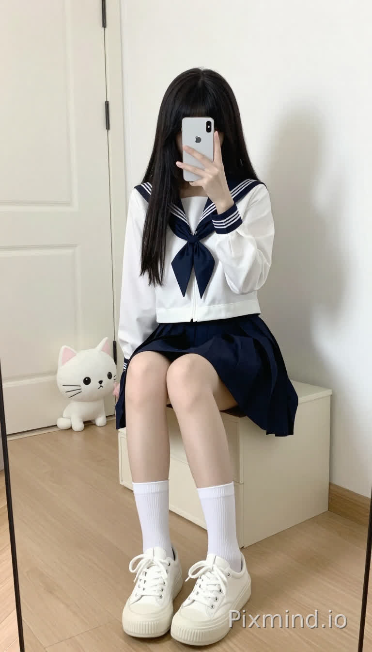 一个年轻女子正在自拍,她坐在一个米色的储物长凳上,身处一间明亮的室内房间里。她留着黑色的长直发,垂在肩上,穿着日式水手服:白色长袖上衣,领口和袖口是深蓝色的,搭配一条深蓝色百褶裙。她双腿交叉,膝盖并拢,穿着白色及膝袜和白色厚底帆布鞋。她拿着一部白色智能手机,摄像头区域是黑色的,举在脸前。房间里有白色的墙壁,浅色木地板,背景中有一扇白色的门,靠近左墙的地板上放着一个白色的猫形毛绒玩具,有黑色的眼睛和粉色的耳朵。柔和的自然光照射着整个场景,在墙上投下她手臂的影子。整体风格是日系少女(Japanese schoolgirl style),清新自然,带有日常、舒适的氛围。又不失真实感。