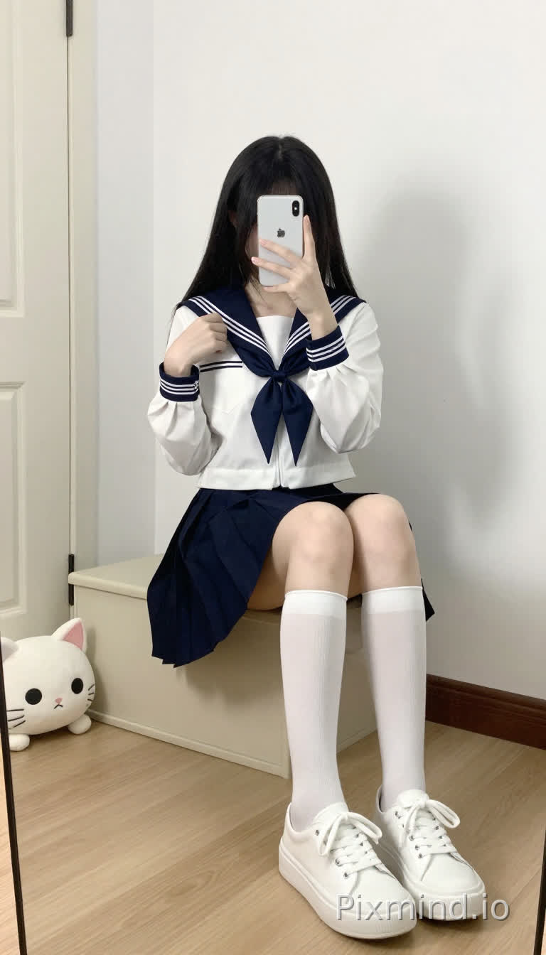 一个年轻女子正在自拍,她坐在一个米色的储物长凳上,身处一间明亮的室内房间里。她留着黑色的长直发,垂在肩上,穿着日式水手服:白色长袖上衣,领口和袖口是深蓝色的,搭配一条深蓝色百褶裙。她双腿交叉,膝盖并拢,穿着白色及膝袜和白色厚底帆布鞋。她拿着一部白色智能手机,摄像头区域是黑色的,左手拿着手机举在脸前,右手轻轻握拳放在脸部。房间里有白色的墙壁,浅色木地板,背景中有一扇白色的门,靠近左墙的地板上放着一个白色的猫形毛绒玩具,有黑色的眼睛和粉色的耳朵。柔和的自然光照射着整个场景,在墙上投下她手臂的影子。整体风格是日系少女(Japanese schoolgirl style),清新自然,带有日常、舒适的氛围。