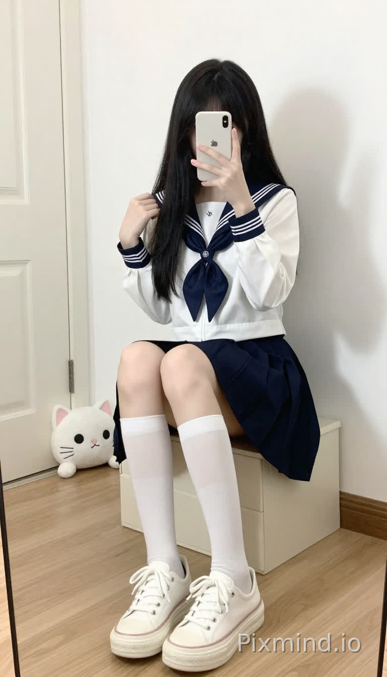 一个年轻女子正在自拍,她坐在一个米色的储物长凳上,身处一间明亮的室内房间里。她留着黑色的长直发,垂在肩上,穿着日式水手服:白色长袖上衣,领口和袖口是深蓝色的,搭配一条深蓝色百褶裙。她双腿交叉,膝盖并拢,穿着白色及膝袜和白色厚底帆布鞋。她拿着一部白色智能手机,摄像头区域是黑色的,左手拿着手机举在脸前,右手轻轻握拳放在脸部。房间里有白色的墙壁,浅色木地板,背景中有一扇白色的门,靠近左墙的地板上放着一个白色的猫形毛绒玩具,有黑色的眼睛和粉色的耳朵。柔和的自然光照射着整个场景,在墙上投下她手臂的影子。整体风格是日系少女(Japanese schoolgirl style),清新自然,带有日常、舒适的氛围。