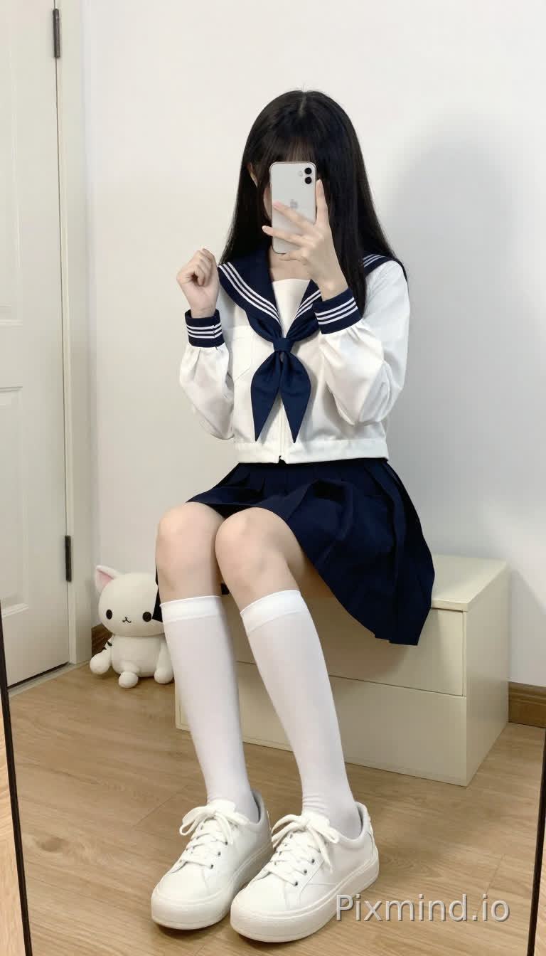 一个年轻女子正在自拍,她坐在一个米色的储物长凳上,身处一间明亮的室内房间里。她留着黑色的长直发,垂在肩上,穿着日式水手服:白色长袖上衣,领口和袖口是深蓝色的,搭配一条深蓝色百褶裙。她双腿交叉,膝盖并拢,穿着白色及膝袜和白色厚底帆布鞋。她拿着一部白色智能手机,摄像头区域是黑色的,左手拿着手机举在脸前,右手轻轻握拳放在脸部。房间里有白色的墙壁,浅色木地板,背景中有一扇白色的门,靠近左墙的地板上放着一个白色的猫形毛绒玩具,有黑色的眼睛和粉色的耳朵。柔和的自然光照射着整个场景,在墙上投下她手臂的影子。整体风格是日系少女(Japanese schoolgirl style),清新自然,带有日常、舒适的氛围。