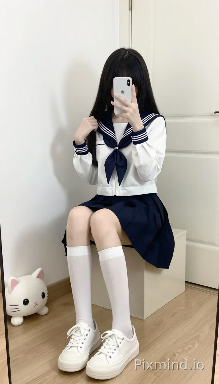 一个年轻女子正在自拍,她坐在一个米色的储物长凳上,身处一间明亮的室内房间里。她留着黑色的长直发,垂在肩上,穿着日式水手服:白色长袖上衣,领口和袖口是深蓝色的,搭配一条深蓝色百褶裙。她双腿交叉,膝盖并拢,穿着白色及膝袜和白色厚底帆布鞋。她拿着一部白色智能手机,摄像头区域是黑色的,左手拿着手机举在脸前,右手轻轻握拳放在脸部。房间里有白色的墙壁,浅色木地板,背景中有一扇白色的门,靠近左墙的地板上放着一个白色的猫形毛绒玩具,有黑色的眼睛和粉色的耳朵。柔和的自然光照射着整个场景,在墙上投下她手臂的影子。整体风格是日系少女(Japanese schoolgirl style),清新自然,带有日常、舒适的氛围。