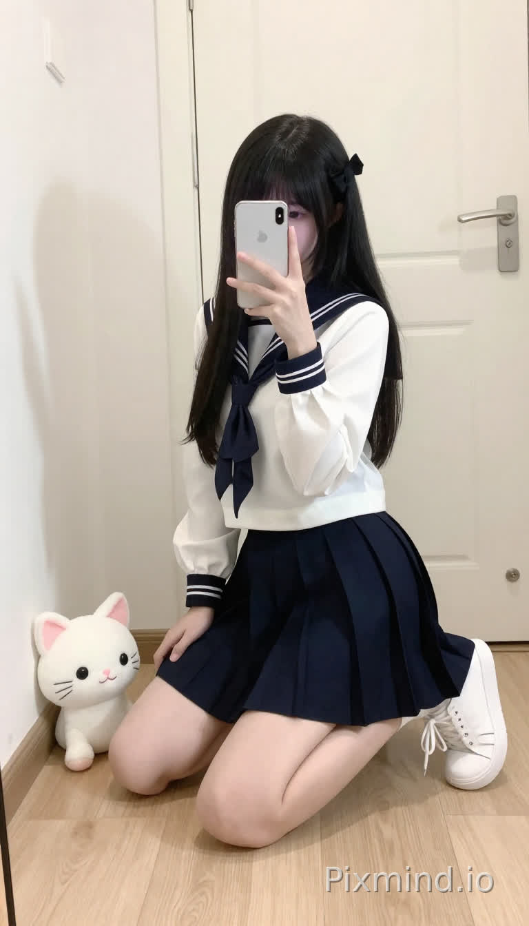 一个留着黑色长发的年轻女孩,头发上戴着一个黑色发饰(可能是蝴蝶结),正跪在浅色木地板上,用双手拿着白色智能手机自拍。她穿着一套水手服,包括一件带有黑色袖口和领口的白色长袖上衣、一条深蓝色百褶裙,以及一双白色休闲运动鞋。女孩的姿势微微前倾,膝盖弯曲,身体前倾,专注于手机屏幕。在她的左侧,靠近白色墙壁的地板上,放着一个可爱的白色毛绒猫咪玩具,它有着粉色的耳朵、粉色的鼻子和黑色的眼睛。背景中有一扇带银色把手的白色门,柔和的定向光线在墙上投下阴影,增强了室内的氛围。整体风格写实中带有一丝动漫美学,注重服装纹理的细节和柔和的自然光。