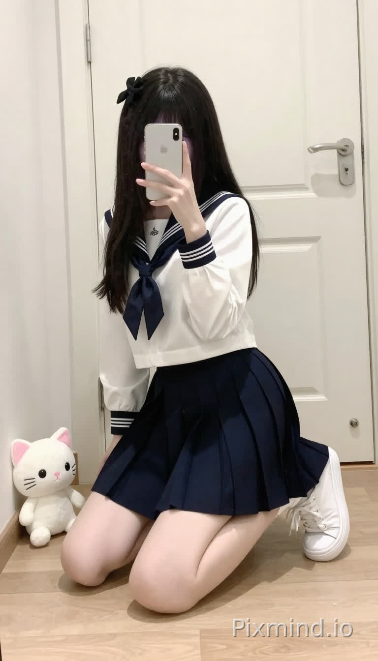 一个留着黑色长发的年轻女孩,头发上戴着一个黑色发饰(可能是蝴蝶结),正跪在浅色木地板上,用双手拿着白色智能手机自拍。她穿着一套水手服,包括一件带有黑色袖口和领口的白色长袖上衣、一条深蓝色百褶裙,以及一双白色休闲运动鞋。女孩的姿势微微前倾,膝盖弯曲,身体前倾,专注于手机屏幕。在她的左侧,靠近白色墙壁的地板上,放着一个可爱的白色毛绒猫咪玩具,它有着粉色的耳朵、粉色的鼻子和黑色的眼睛。背景中有一扇带银色把手的白色门,柔和的定向光线在墙上投下阴影,增强了室内的氛围。整体风格写实中带有一丝动漫美学,注重服装纹理的细节和柔和的自然光。