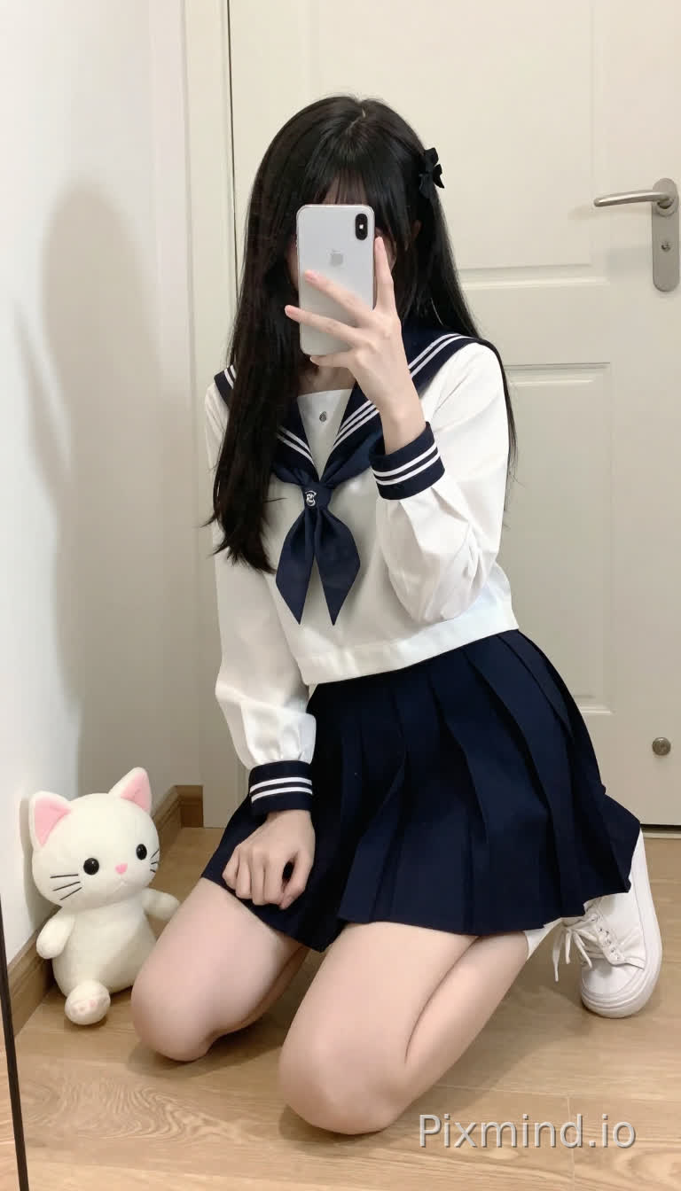 一个留着黑色长发的年轻女孩,头发上戴着一个黑色发饰(可能是蝴蝶结),正跪在浅色木地板上,用左手拿着白色智能手机自拍,右手轻轻握拳放在大腿。她穿着一套水手服,包括一件带有黑色袖口和领口的白色长袖上衣、一条深蓝色百褶裙,以及一双白色休闲运动鞋。女孩的姿势微微前倾,膝盖弯曲,身体前倾,专注于手机屏幕。在她的左侧,靠近白色墙壁的地板上,放着一个可爱的白色毛绒猫咪玩具,它有着粉色的耳朵、粉色的鼻子和黑色的眼睛。背景中有一扇带银色把手的白色门,柔和的定向光线在墙上投下阴影,增强了室内的氛围。整体风格写实中带有一丝动漫美学,注重服装纹理的细节和柔和的自然光。