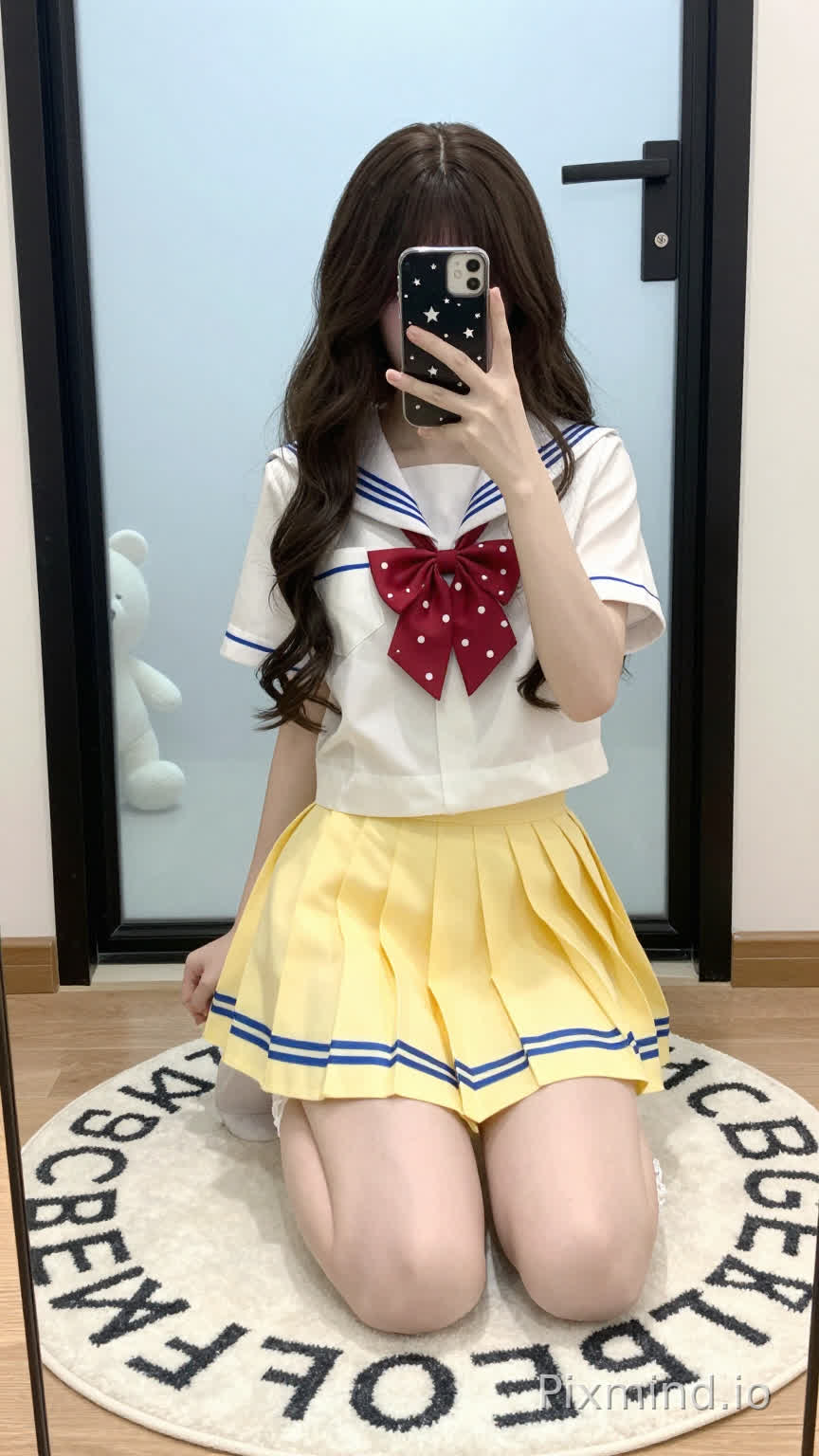 一个年轻女孩在镜子前自拍,深棕色的长波浪发垂落在肩头。她单膝跪地,另一条腿屈膝,手持一部带有黑色星纹外壳的智能手机举在面前。她穿着经典水手服:白色短袖上衣,领口和袖口有蓝色条纹装饰,搭配一条红色波点领结,下身是一条黄色百褶裙,裙摆处有蓝色条纹装饰。她穿着白色蕾丝边袜子,坐在一块圆形的白色地毯上,地毯上面印有黑色字母(ABCDEFG)。背景中是黑色边框的镜子、浅蓝色的墙壁、带黑色把手的透明玻璃门,透过玻璃可以看到一个白色的毛绒熊玩具。地板是浅棕色的木质地板,整个场景被柔和的自然光所照亮,营造出明亮清新的氛围。高细节、写实风格、超精细、8K分辨率、动漫风格美学。