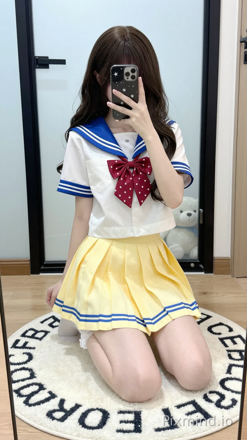 一个年轻女孩在镜子前自拍,深棕色的长波浪发垂落在肩头。她单膝跪地,另一条腿屈膝,手持一部带有黑色星纹外壳的智能手机举在面前。她穿着经典水手服:白色短袖上衣,领口和袖口有蓝色条纹装饰,搭配一条红色波点领结,下身是一条黄色百褶裙,裙摆处有蓝色条纹装饰。她穿着白色蕾丝边袜子,坐在一块圆形的白色地毯上,地毯上面印有黑色字母(ABCDEFG)。背景中是黑色边框的镜子、浅蓝色的墙壁、带黑色把手的透明玻璃门,透过玻璃可以看到一个白色的毛绒熊玩具。地板是浅棕色的木质地板,整个场景被柔和的自然光所照亮,营造出明亮清新的氛围。高细节、写实风格、超精细、8K分辨率、动漫风格美学。
