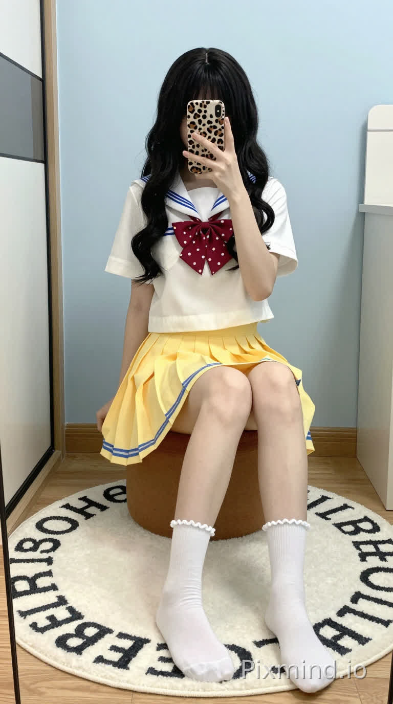 一张年轻女子对着镜子自拍的全身肖像照,她坐在一个棕色的小脚凳上。她有着 cascading over her shoulders 的黑色长波浪卷发,刘海遮住了额头。她拿着一个豹纹手机壳的手机举到脸前,遮住了大部分面部特征。
她穿着经典的日本水手服校服:一件短袖白色上衣,领口和袖口有蓝色横条纹,颈间系着一个红底白点的蝴蝶结,下身是高腰黄色百褶裙,裙摆有蓝色镶边。她的双腿交叉搭在膝盖上,穿着白色带褶边的长筒袜。
她坐在一块白色的圆形地毯上,地毯上有黑色字母(可能是“pastel”之类的词),地毯铺在木地板上。背景是浅蓝色的墙壁,左侧有一扇带黑色把手的玻璃推拉门,右侧能瞥见一件白色的家具或电器。柔和的自然光洒入,在地板和墙上投下淡淡的阴影,营造出轻松舒适的室内氛围。
细节补充:女孩姿态放松,双手将手机微微举过腰部;裙子在大腿周围自然垂落出柔和的褶边;袜子的袜口有褶边;豹纹手机壳是引人注目的视觉点缀。整体风格可爱又活泼,捕捉了卧室或宿舍里一个随意的日常瞬间。