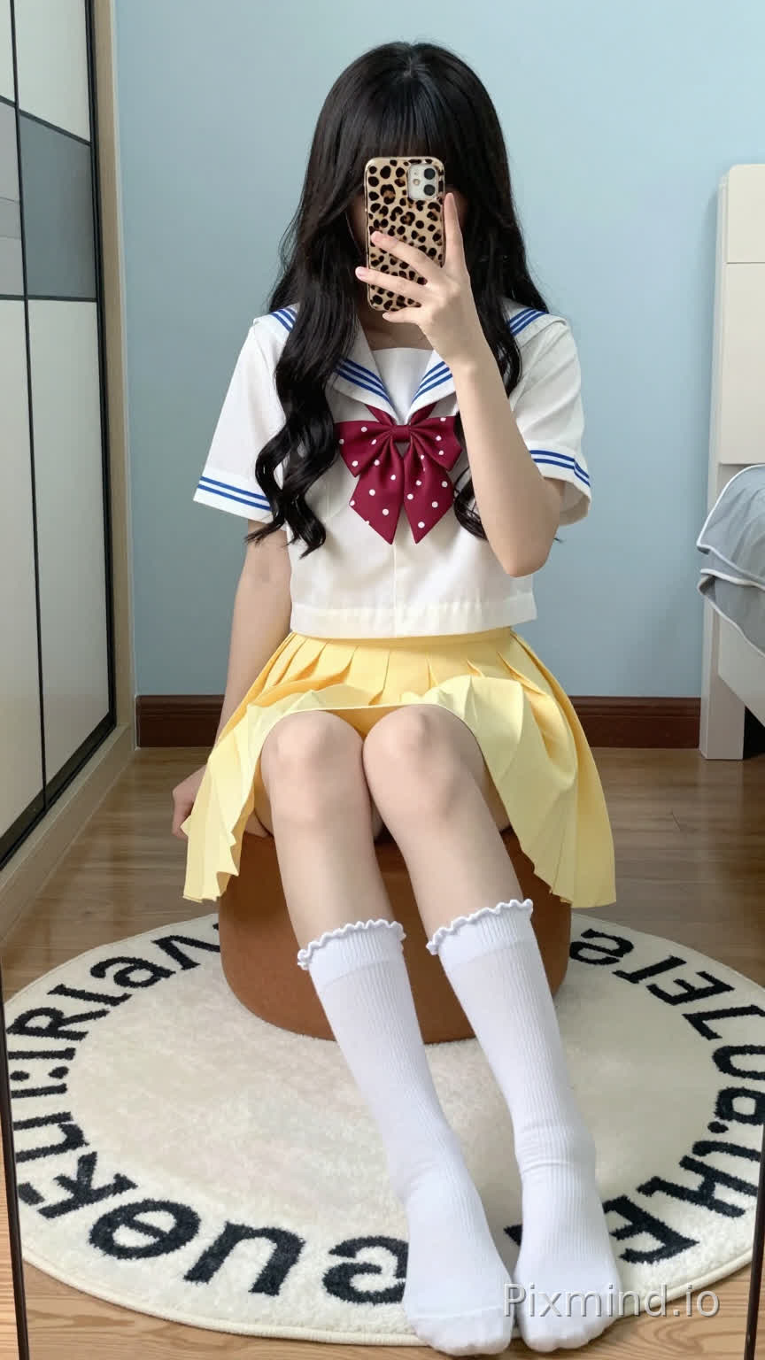 一张年轻女子对着镜子自拍的全身肖像照,她坐在一个棕色的小脚凳上。她有着 cascading over her shoulders 的黑色长波浪卷发,刘海遮住了额头。她拿着一个豹纹手机壳的手机举到脸前,遮住了大部分面部特征。
她穿着经典的日本水手服校服:一件短袖白色上衣,领口和袖口有蓝色横条纹,颈间系着一个红底白点的蝴蝶结,下身是高腰黄色百褶裙,裙摆有蓝色镶边。她的双腿交叉搭在膝盖上,穿着白色带褶边的长筒袜。
她坐在一块白色的圆形地毯上,地毯上有黑色字母(可能是“pastel”之类的词),地毯铺在木地板上。背景是浅蓝色的墙壁,左侧有一扇带黑色把手的玻璃推拉门,右侧能瞥见一件白色的家具或电器。柔和的自然光洒入,在地板和墙上投下淡淡的阴影,营造出轻松舒适的室内氛围。
细节补充:女孩姿态放松,双手将手机微微举过腰部;裙子在大腿周围自然垂落出柔和的褶边;袜子的袜口有褶边;豹纹手机壳是引人注目的视觉点缀。整体风格可爱又活泼,捕捉了卧室或宿舍里一个随意的日常瞬间。