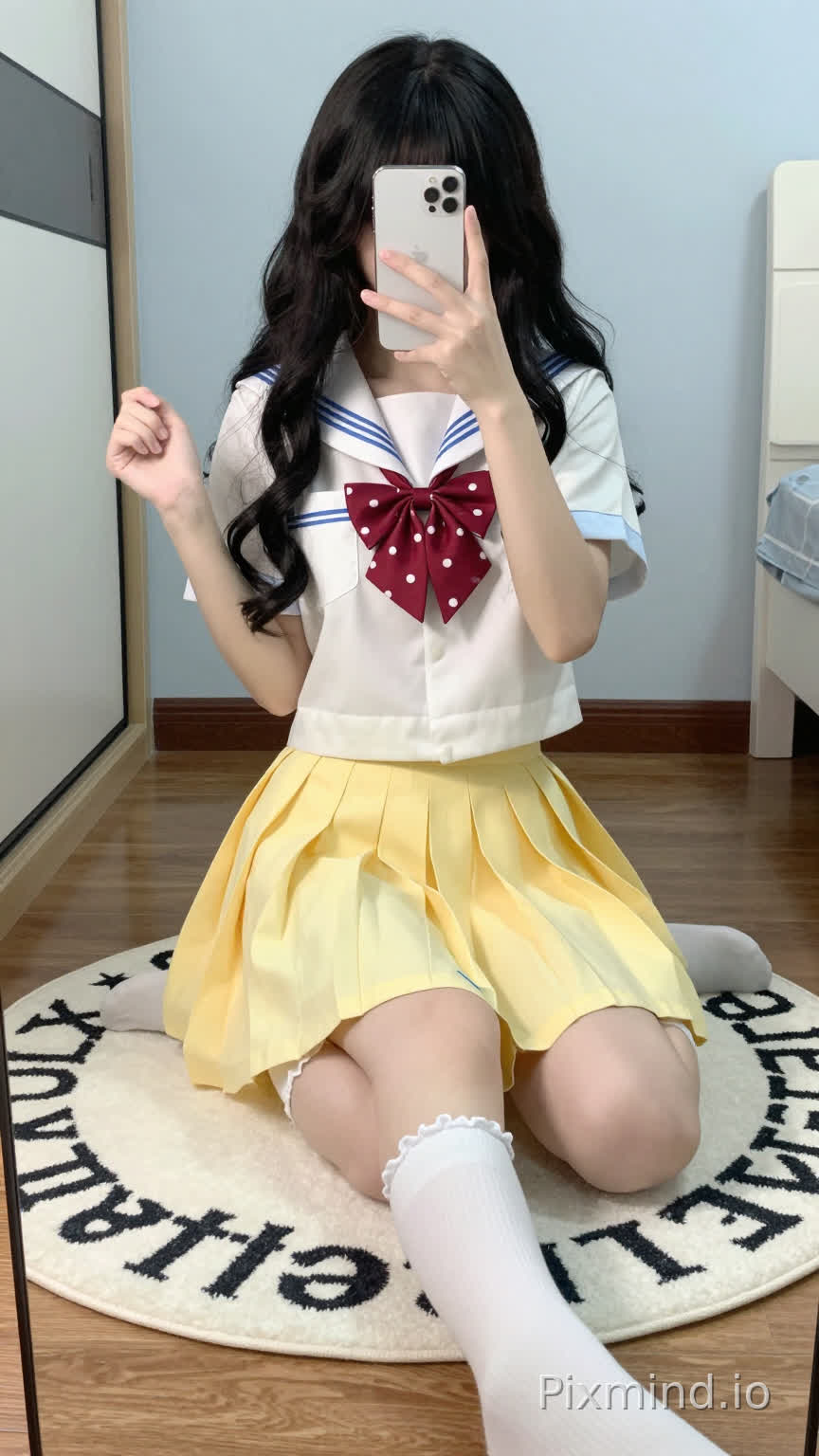 一张年轻女子对着镜子自拍的全身肖像照,她站在地毯上。她有着 cascading over her shoulders 的黑色长波浪卷发,刘海遮住了额头。她左手拿着一个银色苹果16promax手机举在脸前,遮住了大部分面部特征,右手轻轻握拳做出萌萌的动作。
她穿着经典的日本水手服校服:一件短袖白色上衣,领口和袖口有蓝色横条纹,颈间系着一个红底白点的蝴蝶结,下身是高腰黄色百褶裙,裙摆有蓝色镶边。她的双腿交叉搭在膝盖上,穿着白色带褶边的长筒袜。
她坐在一块白色的圆形地毯上,地毯上有黑色字母(可能是“pastel”之类的词),地毯铺在木地板上。背景是浅蓝色的墙壁,左侧有一扇带黑色把手的玻璃推拉门,右侧能瞥见一件白色的家具或电器。柔和的自然光洒入,在地板和墙上投下淡淡的阴影,营造出轻松舒适的室内氛围。
细节补充:女孩姿态放松;裙子在大腿周围自然垂落出柔和的褶边;袜子的袜口有褶边;整体风格可爱又活泼,捕捉了卧室或宿舍里一个随意的日常瞬间。