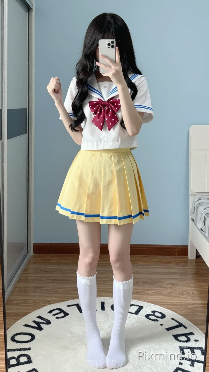 一张年轻女子对着镜子自拍的全身肖像照,她站在地毯上。她有着 cascading over her shoulders 的黑色长波浪卷发,刘海遮住了额头。她左手拿着一个银色苹果16promax手机举在脸前,遮住了大部分面部特征,右手轻轻握拳做出萌萌的动作。
她穿着经典的日本水手服校服:一件短袖白色上衣,领口和袖口有蓝色横条纹,颈间系着一个红底白点的蝴蝶结,下身是高腰黄色百褶裙,裙摆有蓝色镶边。她的双腿微微弯曲,穿着白色带褶边的长筒袜。
她站在一块白色的圆形地毯上,地毯上有黑色字母(可能是“pastel”之类的词),地毯铺在木地板上。背景是浅蓝色的墙壁,左侧有一扇带黑色把手的玻璃推拉门,右侧能瞥见一件白色的家具或电器。柔和的自然光洒入,在地板和墙上投下淡淡的阴影,营造出轻松舒适的室内氛围。
细节补充:女孩姿态放松;裙子在大腿周围自然垂落出柔和的褶边;袜子的袜口有褶边;整体风格可爱又活泼,捕捉了卧室或宿舍里一个随意的日常瞬间。