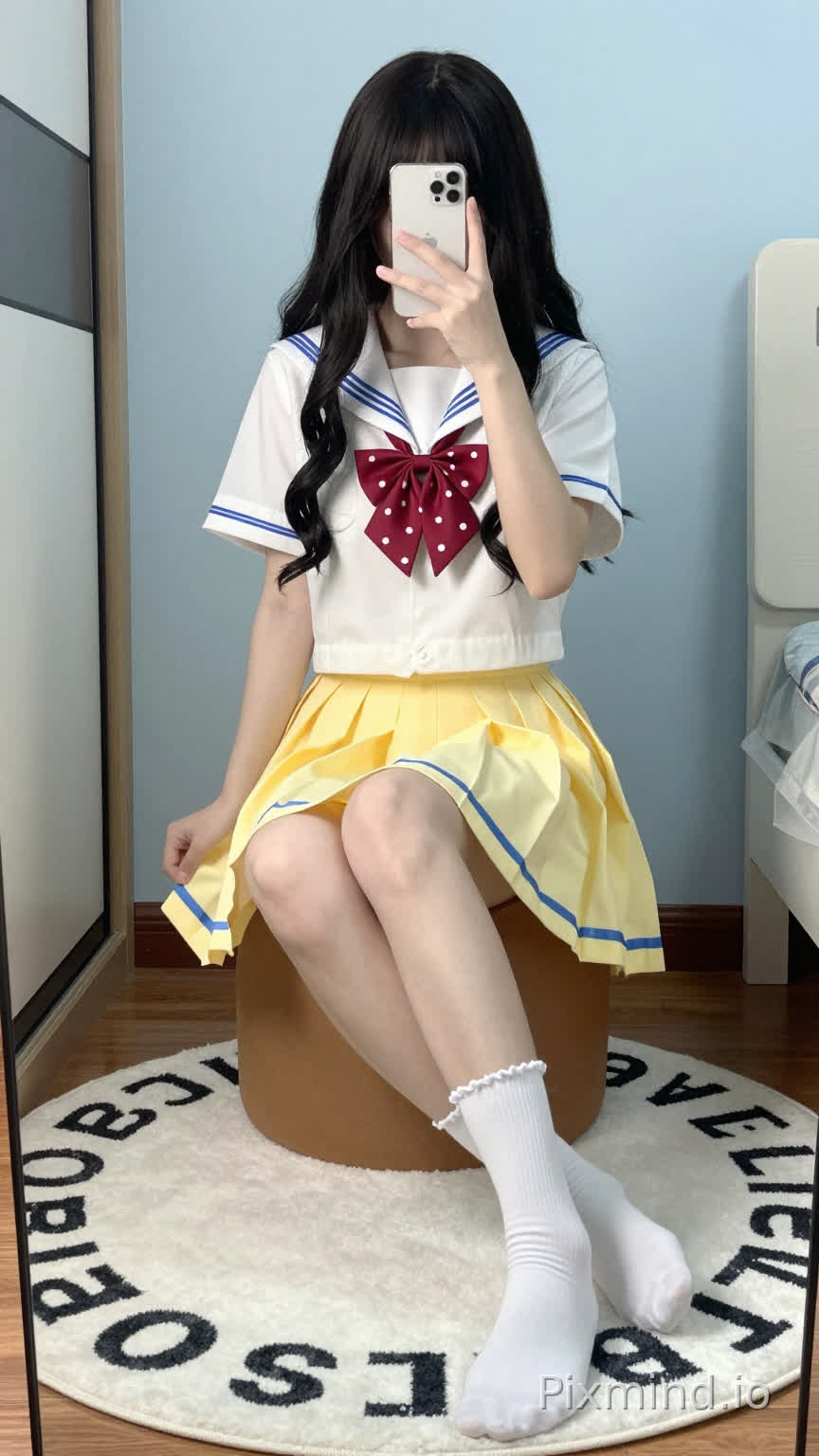 一张年轻女子对着镜子自拍的全身肖像照,她坐在一个棕色的小脚凳上。她有着 cascading over her shoulders 的黑色长波浪卷发,刘海遮住了额头。她左手拿着一个银色苹果16promax手机举在脸前,遮住了大部分面部特征,右手轻轻压着裙摆。
她穿着经典的日本水手服校服:一件短袖白色上衣,领口和袖口有蓝色横条纹,颈间系着一个红底白点的蝴蝶结,下身是高腰黄色百褶裙,裙摆有蓝色镶边。她的双腿交叉搭在膝盖上,穿着白色带褶边的长筒袜。
她坐在一块白色的圆形地毯上,地毯上有黑色字母(可能是“pastel”之类的词),地毯铺在木地板上。背景是浅蓝色的墙壁,左侧有一扇带黑色把手的玻璃推拉门,右侧能瞥见一件白色的家具或电器。柔和的自然光洒入,在地板和墙上投下淡淡的阴影,营造出轻松舒适的室内氛围。
细节补充:女孩姿态放松;裙子在大腿周围自然垂落出柔和的褶边;袜子的袜口有褶边;整体风格可爱又活泼,捕捉了卧室或宿舍里一个随意的日常瞬间。