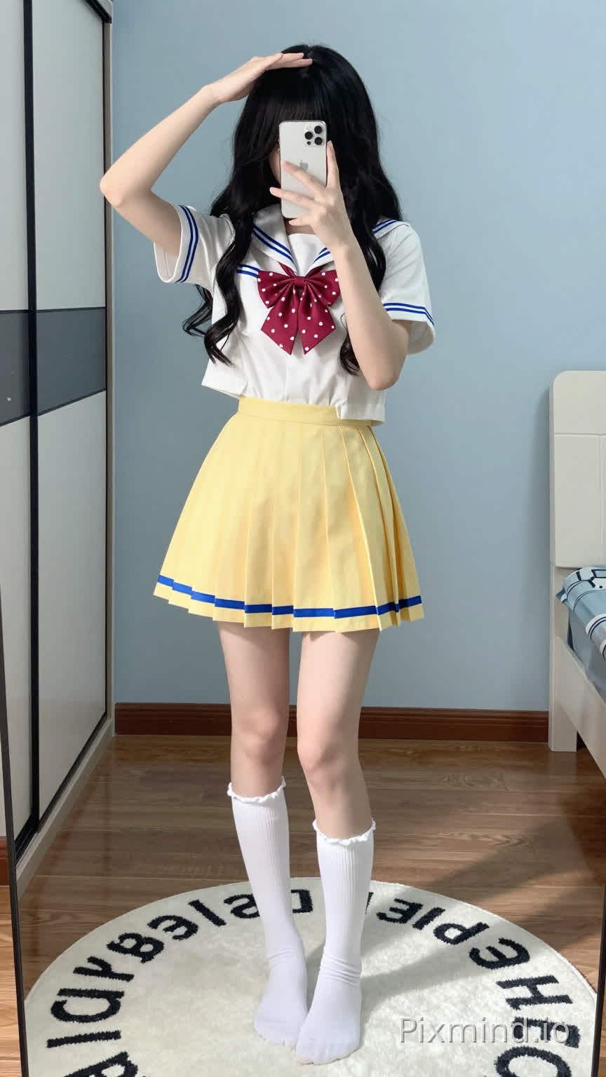 一张年轻女子对着镜子自拍的全身肖像照,她站在地毯上。她有着 cascading over her shoulders 的黑色长波浪卷发,刘海遮住了额头。她左手拿着一个银色苹果16promax手机举在脸前,遮住了大部分面部特征,右手放在头顶比心。
她穿着经典的日本水手服校服:一件短袖白色上衣,领口和袖口有蓝色横条纹,颈间系着一个红底白点的蝴蝶结,下身是高腰黄色百褶裙,裙摆有蓝色镶边。她的双腿微微弯曲,穿着白色带褶边的长筒袜。
她站在一块白色的圆形地毯上,地毯上有黑色字母(可能是“pastel”之类的词),地毯铺在木地板上。背景是浅蓝色的墙壁,左侧有一扇带黑色把手的玻璃推拉门,右侧能瞥见一件白色的家具或电器。柔和的自然光洒入,在地板和墙上投下淡淡的阴影,营造出轻松舒适的室内氛围。
细节补充:女孩姿态放松;裙子在大腿周围自然垂落出柔和的褶边;袜子的袜口有褶边;整体风格可爱又活泼,捕捉了卧室或宿舍里一个随意的日常瞬间。