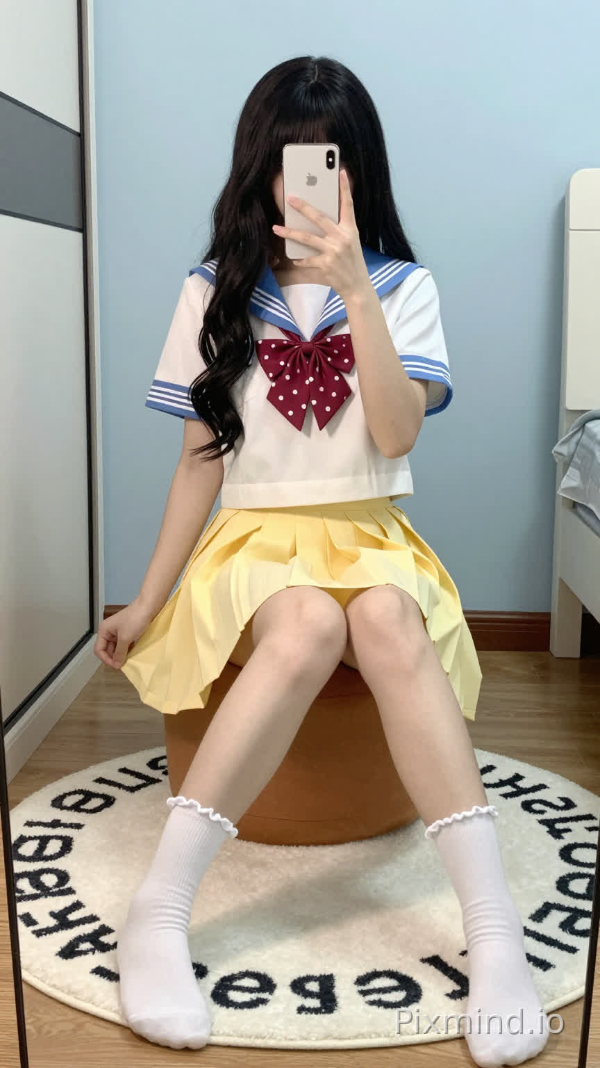 一张年轻女子对着镜子自拍的全身肖像照,她坐在一个棕色的小脚凳上。她有着 cascading over her shoulders 的黑色长波浪卷发,刘海遮住了额头。她左手拿着一个银色苹果16promax手机举在脸前,遮住了大部分面部特征,右手伸开轻轻压着裙摆。
她穿着经典的日本水手服校服:一件短袖白色上衣,领口和袖口有蓝色横条纹,颈间系着一个红底白点的蝴蝶结,下身是高腰黄色百褶裙,裙摆有蓝色镶边。她的双腿交叉搭在膝盖上,穿着白色带褶边的长筒袜。
她坐在一块白色的圆形地毯上,地毯上有黑色字母(可能是“pastel”之类的词),地毯铺在木地板上。背景是浅蓝色的墙壁,左侧有一扇带黑色把手的玻璃推拉门,右侧能瞥见一件白色的家具或电器。柔和的自然光洒入,在地板和墙上投下淡淡的阴影,营造出轻松舒适的室内氛围。
细节补充:女孩姿态放松;膝盖靠在一起,小腿向两边分开,身子前倾,胳膊肘拄在膝盖上;裙子在大腿周围自然垂落出柔和的褶边;袜子的袜口有褶边;整体风格可爱又活泼,捕捉了卧室或宿舍里一个随意的日常瞬间。