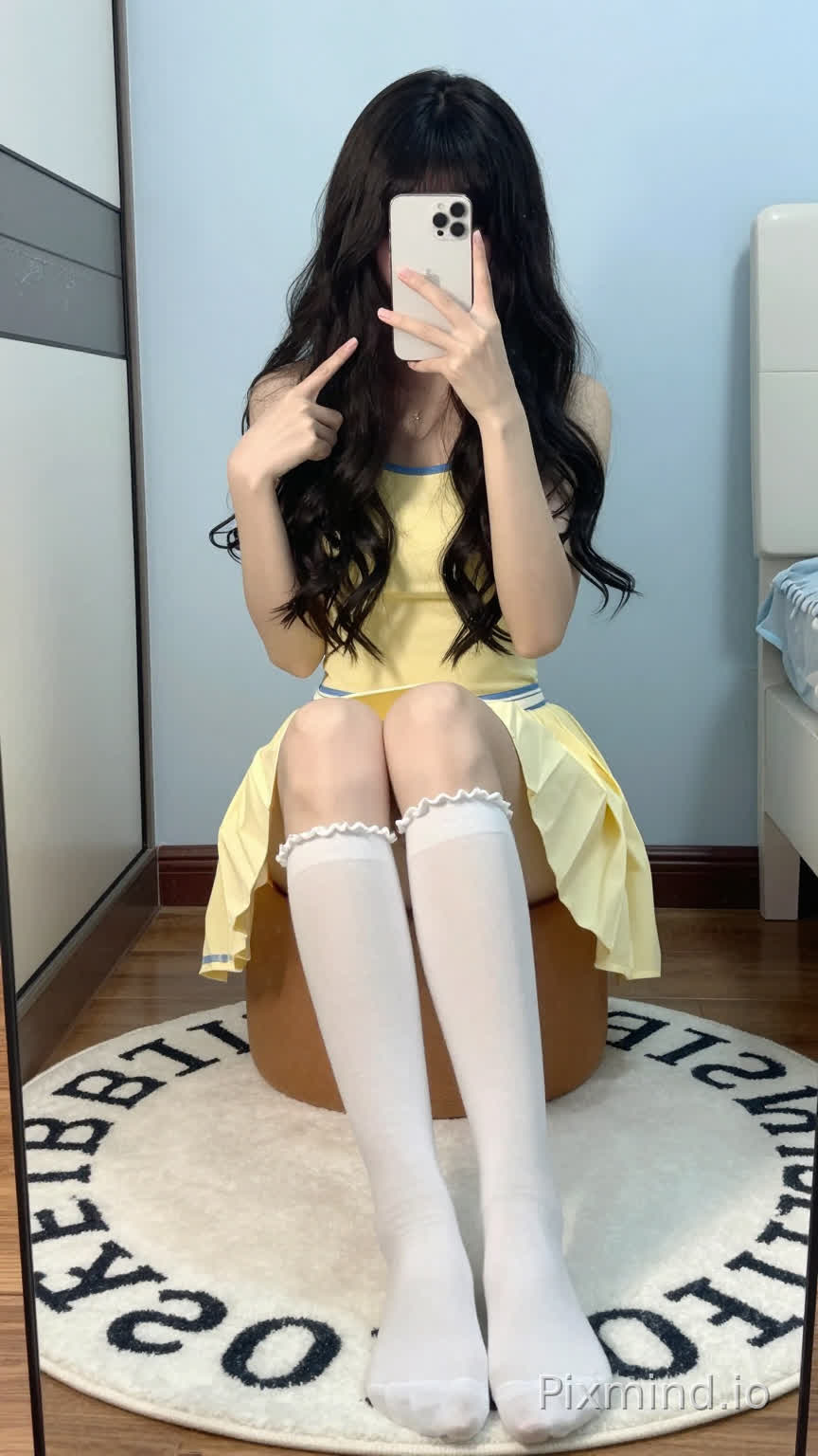 一张年轻女子对着镜子自拍的全身肖像照,她坐在一个棕色的小脚凳上。她有着 cascading over her shoulders 的黑色长波浪卷发,刘海遮住了额头。她左手拿着一个银色苹果16promax手机举在脸前,遮住了大部分面部特征,右手轻轻伸出食指比心,腰黄色百褶裙,裙摆有蓝色镶边。她的双腿交叉搭在膝盖上,穿着白色带褶边的长筒袜。
她坐在一块白色的圆形地毯上,地毯上有黑色字母(可能是“pastel”之类的词),地毯铺在木地板上。背景是浅蓝色的墙壁,左侧有一扇带黑色把手的玻璃推拉门,右侧能瞥见一件白色的家具或电器。柔和的自然光洒入,在地板和墙上投下淡淡的阴影,营造出轻松舒适的室内氛围。
细节补充:女孩姿态放松;裙子在大腿周围自然垂落出柔和的褶边;袜子的袜口有褶边;整体风格可爱又活泼,捕捉了卧室或宿舍里一个随意的日常瞬间。
