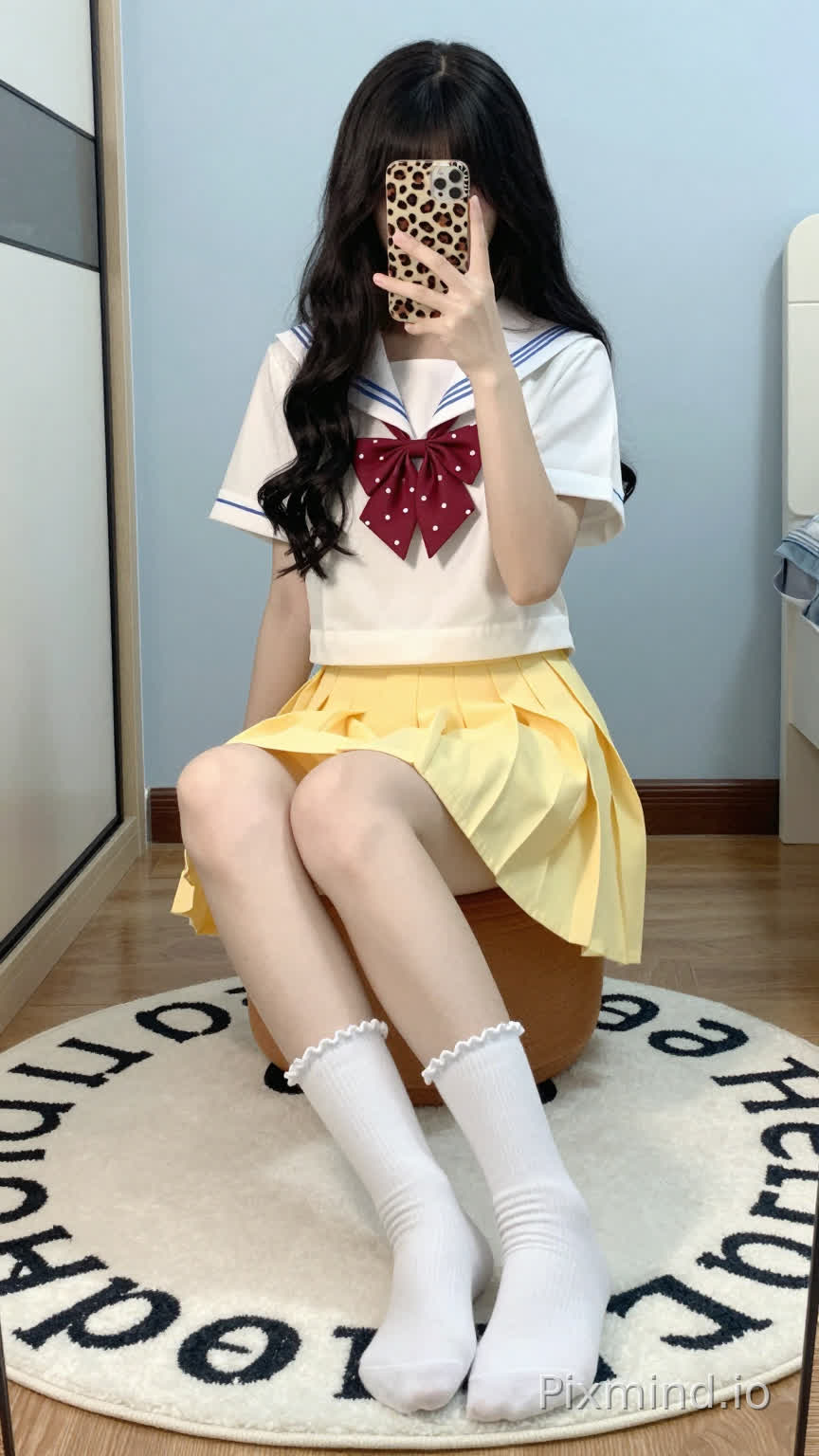 一张年轻女子对着镜子自拍的全身肖像照,她坐在一个棕色的小脚凳上。她有着 cascading over her shoulders 的黑色长波浪卷发,刘海遮住了额头。她拿着一个豹纹手机壳的手机举到脸前,遮住了大部分面部特征。
她穿着经典的日本水手服校服:一件短袖白色上衣,领口和袖口有蓝色横条纹,颈间系着一个红底白点的蝴蝶结,下身是高腰黄色百褶裙,裙摆有蓝色镶边。她的双腿交叉搭在膝盖上,穿着白色带褶边的长筒袜。
她坐在一块白色的圆形地毯上,地毯上有黑色字母(可能是“pastel”之类的词),地毯铺在木地板上。背景是浅蓝色的墙壁,左侧有一扇带黑色把手的玻璃推拉门,右侧能瞥见一件白色的家具或电器。柔和的自然光洒入,在地板和墙上投下淡淡的阴影,营造出轻松舒适的室内氛围。
细节补充:女孩姿态放松,双手将手机微微举过腰部;裙子在大腿周围自然垂落出柔和的褶边;袜子的袜口有褶边;豹纹手机壳是引人注目的视觉点缀。整体风格可爱又活泼,捕捉了卧室或宿舍里一个随意的日常瞬间。