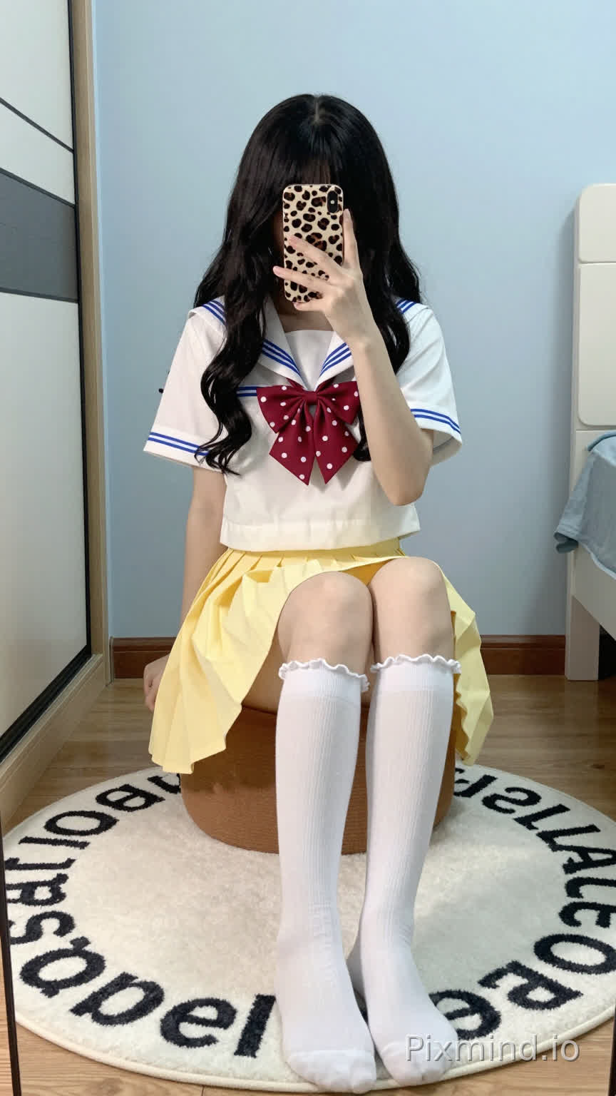 一张年轻女子对着镜子自拍的全身肖像照,她坐在一个棕色的小脚凳上。她有着 cascading over her shoulders 的黑色长波浪卷发,刘海遮住了额头。她拿着一个豹纹手机壳的手机举到脸前,遮住了大部分面部特征。
她穿着经典的日本水手服校服:一件短袖白色上衣,领口和袖口有蓝色横条纹,颈间系着一个红底白点的蝴蝶结,下身是高腰黄色百褶裙,裙摆有蓝色镶边。她的双腿交叉搭在膝盖上,穿着白色带褶边的长筒袜。
她坐在一块白色的圆形地毯上,地毯上有黑色字母(可能是“pastel”之类的词),地毯铺在木地板上。背景是浅蓝色的墙壁,左侧有一扇带黑色把手的玻璃推拉门,右侧能瞥见一件白色的家具或电器。柔和的自然光洒入,在地板和墙上投下淡淡的阴影,营造出轻松舒适的室内氛围。
细节补充:女孩姿态放松,双手将手机微微举过腰部;裙子在大腿周围自然垂落出柔和的褶边;袜子的袜口有褶边;豹纹手机壳是引人注目的视觉点缀。整体风格可爱又活泼,捕捉了卧室或宿舍里一个随意的日常瞬间。