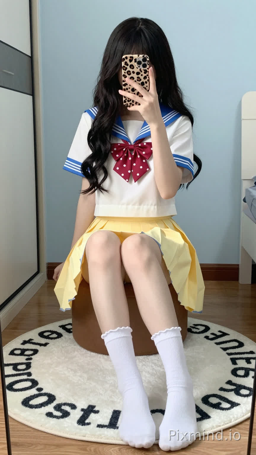 一张年轻女子对着镜子自拍的全身肖像照,她坐在一个棕色的小脚凳上。她有着 cascading over her shoulders 的黑色长波浪卷发,刘海遮住了额头。她拿着一个豹纹手机壳的手机举到脸前,遮住了大部分面部特征。
她穿着经典的日本水手服校服:一件短袖白色上衣,领口和袖口有蓝色横条纹,颈间系着一个红底白点的蝴蝶结,下身是高腰黄色百褶裙,裙摆有蓝色镶边。她的双腿交叉搭在膝盖上,穿着白色带褶边的长筒袜。
她坐在一块白色的圆形地毯上,地毯上有黑色字母(可能是“pastel”之类的词),地毯铺在木地板上。背景是浅蓝色的墙壁,左侧有一扇带黑色把手的玻璃推拉门,右侧能瞥见一件白色的家具或电器。柔和的自然光洒入,在地板和墙上投下淡淡的阴影,营造出轻松舒适的室内氛围。
细节补充:女孩姿态放松,双手将手机微微举过腰部;裙子在大腿周围自然垂落出柔和的褶边;袜子的袜口有褶边;豹纹手机壳是引人注目的视觉点缀。整体风格可爱又活泼,捕捉了卧室或宿舍里一个随意的日常瞬间。