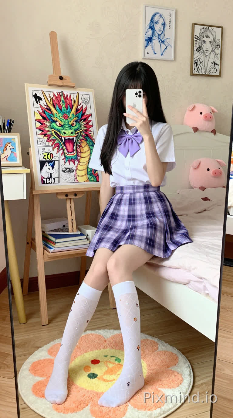 一幅细节丰富、色彩鲜艳的数字绘画,描绘了一位年轻的亚洲女学生在她温馨的卧室里自拍。她有着乌黑的长直发,带着刘海,双腿交叉地坐在一张白色床沿,双脚搭在一块彩色的花朵形状地毯上(白色底色,黄色中心,橙色和绿色花瓣图案)。她穿着一件白色短袖校服衬衫,系着紫色领结,一条浅紫色和深紫色格子百褶裙,以及白色过膝袜,袜子上装饰着菱形图案和小星星装饰,双脚赤裸。她双手举着一部白色iPhone16promax到脸前,遮住了部分表情。
在她身后,一面大木框落地镜映照出整个场景,展现出房间的细节。床上,一个粉色毛绒猪玩具靠在床头板上。在她左侧,一个木质画架架着一幅生动的漫画风格插画,画中是一条凶猛、色彩鲜艳的龙,长着锋利的牙齿和发光的眼睛,边缘有日文文字,如“TNT”和“TWG”。画架旁边是一张木质书桌,上面堆满了美术用品、一摞书,还有一幅装裱好的小画,画的是一只会飞的独角兽。墙上挂着几幅装裱好的艺术品,包括一幅蓝色素描和一幅黑白插画。房间里铺着浅色木地板,柔和的米色墙壁上有精致的花卉图案,温暖、柔和的自然光洒进来,营造出明亮、温馨且富有艺术魅力的氛围。高细节,主体焦点清晰,柔和的色彩基调点缀着鲜艳的色彩(紫色、粉色、橙色、绿色),8K分辨率,动漫风格。