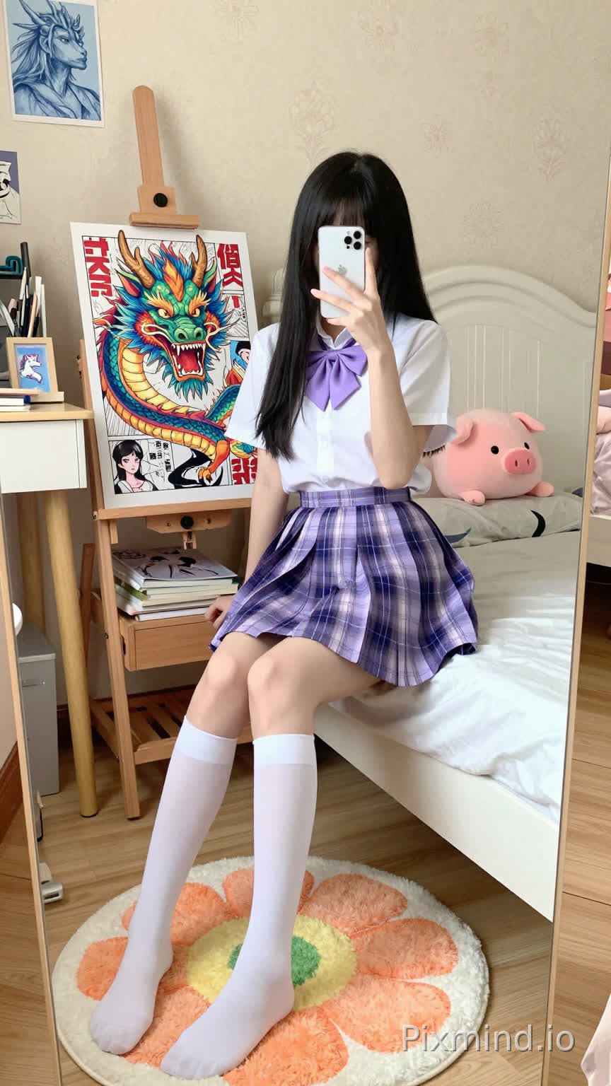 一幅细节丰富、色彩鲜艳的数字绘画,描绘了一位年轻的亚洲女学生在她温馨的卧室里自拍。她有着乌黑的长直发,带着刘海,双腿交叉地坐在一张白色床沿,双脚搭在一块彩色的花朵形状地毯上(白色底色,黄色中心,橙色和绿色花瓣图案)。她穿着一件白色短袖校服衬衫,系着紫色领结,一条浅紫色和深紫色格子百褶裙,以及白色过膝袜。她双手举着一部白色iPhone16promax到脸前,遮住了部分表情。
在她身后,一面大木框落地镜映照出整个场景,展现出房间的细节。床上,一个粉色毛绒猪玩具靠在床头板上。在她左侧,一个木质画架架着一幅生动的漫画风格插画,画中是一条凶猛、色彩鲜艳的龙,长着锋利的牙齿和发光的眼睛,边缘有日文文字,如“TNT”和“TWG”。画架旁边是一张木质书桌,上面堆满了美术用品、一摞书,还有一幅装裱好的小画,画的是一只会飞的独角兽。墙上挂着几幅装裱好的艺术品,包括一幅蓝色素描和一幅黑白插画。房间里铺着浅色木地板,柔和的米色墙壁上有精致的花卉图案,温暖、柔和的自然光洒进来,营造出明亮、温馨且富有艺术魅力的氛围。高细节,主体焦点清晰,柔和的色彩基调点缀着鲜艳的色彩(紫色、粉色、橙色、绿色),8K分辨率,动漫风格。