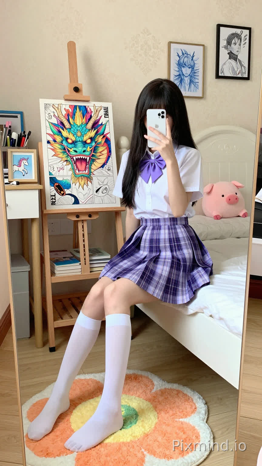 一幅细节丰富、色彩鲜艳的数字绘画,描绘了一位年轻的亚洲女学生在她温馨的卧室里自拍。她有着乌黑的长直发,带着刘海,双腿交叉地坐在一张白色床沿,双脚搭在一块彩色的花朵形状地毯上(白色底色,黄色中心,橙色和绿色花瓣图案)。她穿着一件白色短袖校服衬衫,系着紫色领结,一条浅紫色和深紫色格子百褶裙,以及白色过膝袜。她双手举着一部白色iPhone16promax到脸前,遮住了部分表情。
在她身后,一面大木框落地镜映照出整个场景,展现出房间的细节。床上,一个粉色毛绒猪玩具靠在床头板上。在她左侧,一个木质画架架着一幅生动的漫画风格插画,画中是一条凶猛、色彩鲜艳的龙,长着锋利的牙齿和发光的眼睛,边缘有日文文字,如“TNT”和“TWG”。画架旁边是一张木质书桌,上面堆满了美术用品、一摞书,还有一幅装裱好的小画,画的是一只会飞的独角兽。墙上挂着几幅装裱好的艺术品,包括一幅蓝色素描和一幅黑白插画。房间里铺着浅色木地板,柔和的米色墙壁上有精致的花卉图案,温暖、柔和的自然光洒进来,营造出明亮、温馨且富有艺术魅力的氛围。高细节,主体焦点清晰,柔和的色彩基调点缀着鲜艳的色彩(紫色、粉色、橙色、绿色),8K分辨率,动漫风格。