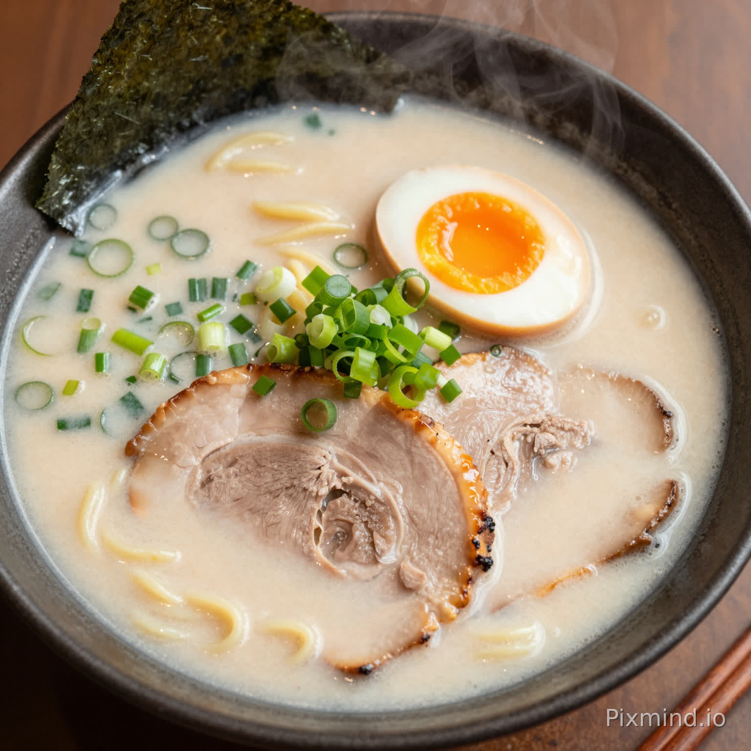 A top-down view of a steaming hot bowl of Tonkotsu ramen. The broth is rich and creamy white, topped with slices of tender chashu pork with glistening fat, a perfect soft-boiled egg with a runny orange yolk, fresh green onions, and nori sheets. Steam is rising from the bowl. The texture of the noodles is visible. Warm lighting, appetizing color palette, professional food photography, high fidelity.