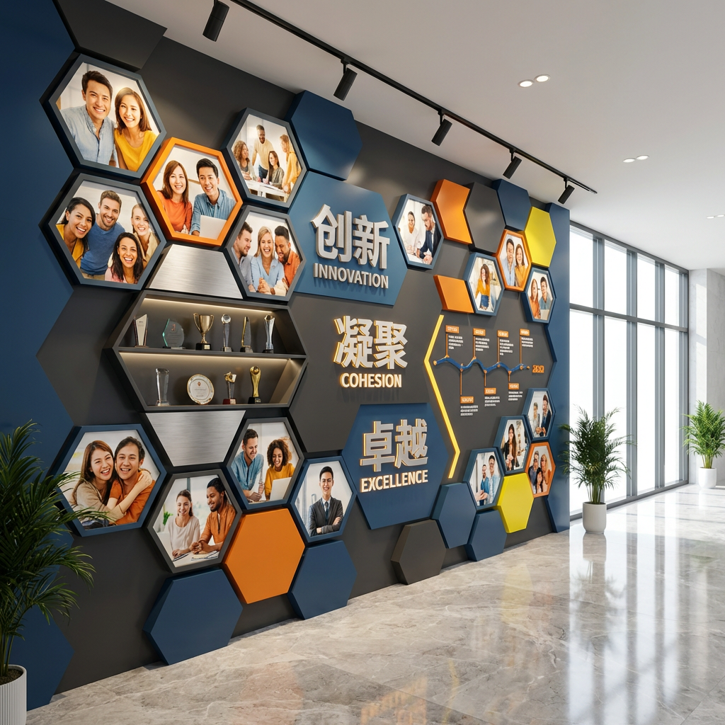 一面极具现代感与创意的企业团队风采文化墙设计,主体由错落有致的几何图形模块构成,包含蜂窝状或不规则多边形的团队成员生活照与工作精彩瞬间,照片中洋溢着热情与活力的笑容。墙面中央穿插着立体的企业核心价值观标语(如“创新”、“凝聚”、“卓越”),采用拉丝金属或发光亚克力材质,不仅展示了荣誉奖杯陈列架,还融入了公司发展历程的时间轴线条设计。
场景位于宽敞明亮的现代化办公大厅或走廊一侧,地面是高光泽度的抛光大理石或温润的木地板,周围点缀着极简风格的室内绿植,背景有透过落地玻璃窗洒入的自然光,营造出通透、开放的空间感。
艺术风格为高精度的室内建筑设计渲染图,结合了现代极简主义与科技未来感,构图采用广角透视,强调空间的纵深感与墙面的立体层次。
光照方面,采用顶部轨道射灯进行重点照明,精准打亮照片和标语,形成丰富的光影层次,同时辅以柔和的环境漫反射光。色彩搭配上以稳重的企业蓝或深灰为主基调,点缀充满活力的橙色或明黄色块,展现团队的激情与专业。
画面整体呈现出8k超高清分辨率,Octane渲染级画质,材质纹理清晰可见,光影追踪逼真,是一幅展示企业凝聚力与文化的杰作级设计图。