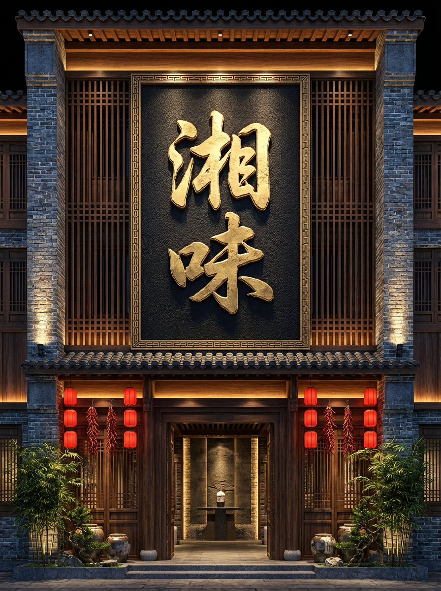 宏伟精致的湘菜馆门头设计,核心焦点是一块极具质感的黑底金字招牌,上书“湘味”二字,采用豪放苍劲的金色行草书法字体,字体边缘带有精致的立体浮雕效果,在灯光下熠熠生辉。门头主体结构结合了深胡桃木色的实木格栅与斑驳的青灰色仿古砖墙,展现出厚重的文化底蕴与历史感。
细节装饰丰富且富有湘西特色,屋檐下悬挂着错落有致的中式红灯笼和成串的干红辣椒装饰,象征着湘菜的香辣与热情;入口两侧摆放着青翠的凤尾竹盆景和老式陶坛,为硬朗的建筑增添了一份雅致与乡土气息。
艺术风格属于高端新中式商业建筑设计,完美融合了传统湘西民居元素与现代极简主义美学,既古朴又时尚。
光照设计采用暖色调的洗墙灯和重点射灯,营造出金碧辉煌且温馨诱人的夜晚氛围,柔和的暖黄光漫反射在木纹和砖石的粗糙纹理上,增强了材质的真实感。色彩搭配以浓郁的辣椒红、深木色和炭灰色为主调,辅以奢华的金色点缀,视觉冲击力强。
构图采用中心对称的正立面视角,广角镜头捕捉整体气势。技术参数方面,追求建筑可视化级别的精细度,Octane渲染,光线追踪,8K超高清分辨率,超逼真材质纹理,电影级光影效果,杰作。