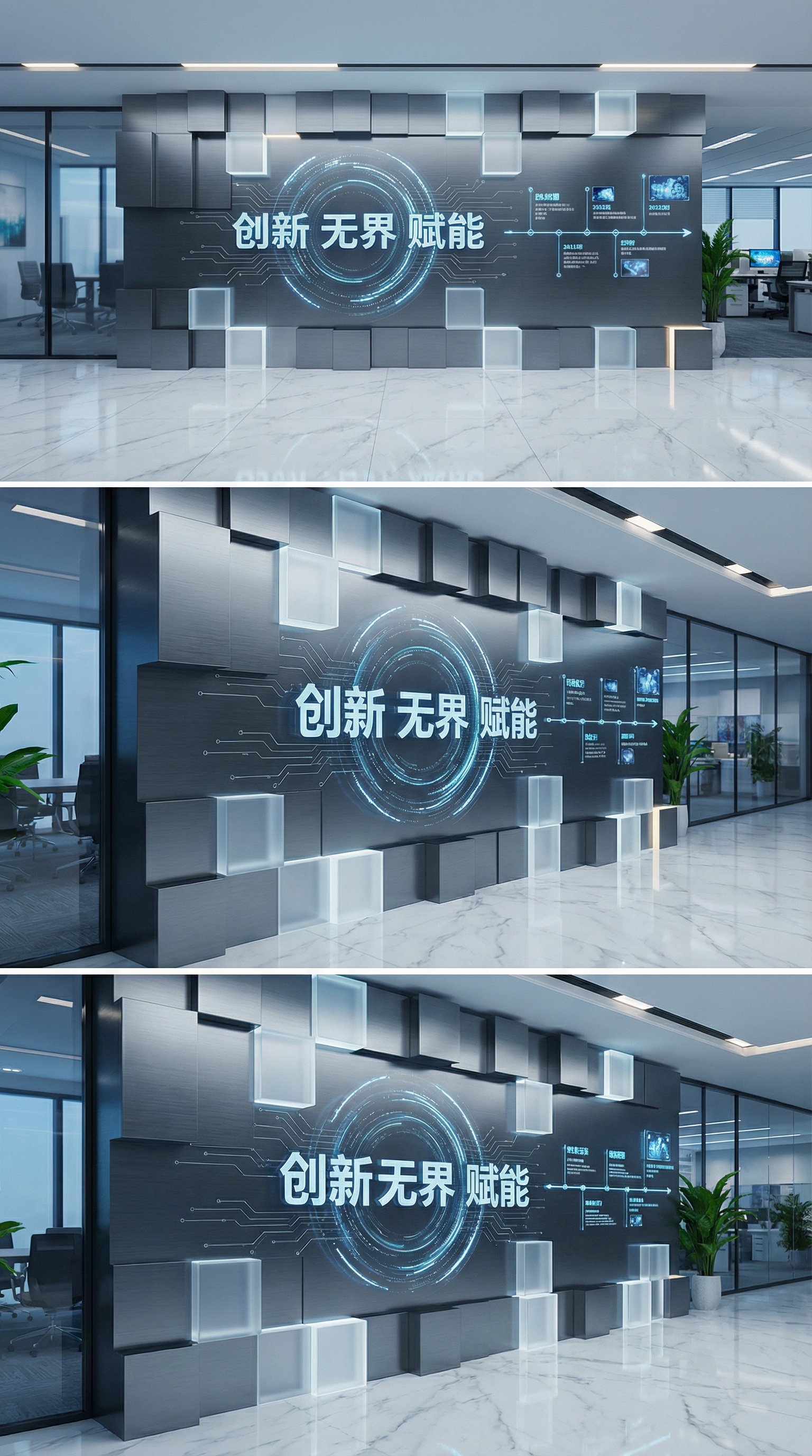 一面极具未来感的高端科技公司企业文化墙设计,墙体采用错落有致的模块化立体结构,结合了深灰色拉丝铝合金面板与高透光磨砂亚克力材质。墙面中央悬浮着发光的公司核心价值观立体字,字体设计现代锐利,周围环绕着精细的动态数据流线条和抽象的电路板蚀刻纹理,象征着信息的连接与流动。右侧区域巧妙融入了公司发展历程的数字化时间轴,节点处带有微型全息投影效果,展示关键里程碑。
场景位于现代化开放式办公大楼的宽敞大厅走廊,抛光的白色大理石地面清晰地倒映着文化墙的霓虹光辉,背景是模糊的落地玻璃会议室和充满科技感的办公环境,少量室内绿植点缀其中增加生机与平衡。
艺术风格偏向于超现实主义建筑可视化与现代极简工业设计的完美融合,参考Behance顶级室内设计渲染风格,具有C4D和Octane Render的质感。
光照方面采用电影级布光,冷色调主导(深空蓝、银灰与青色),辅以柔和的暖白光进行重点照明,营造出专业、冷静且充满活力的氛围。构图采用广角透视,强调空间的纵深感和墙面的宏大感。8k超高分辨率,光线追踪,超精细的材质纹理,杰作,获奖设计作品。
