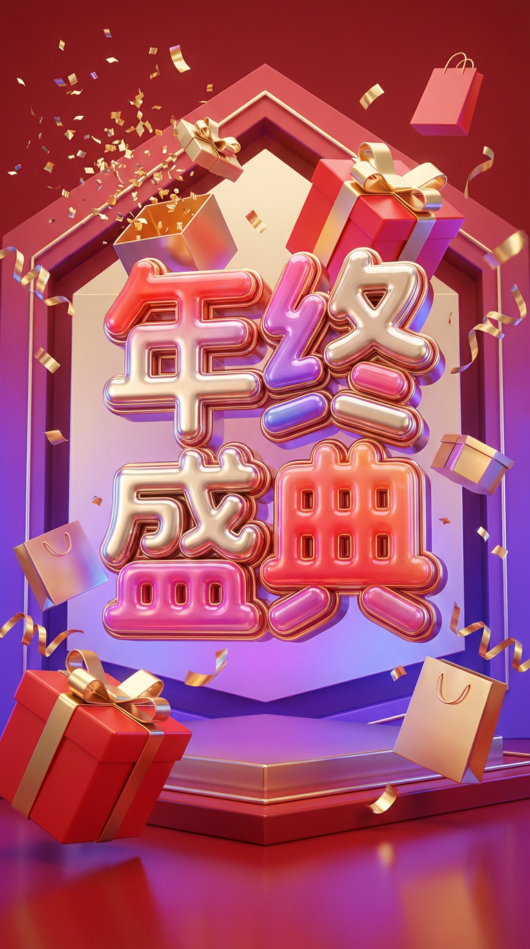 一张极具视觉冲击力的年终大促商业海报设计。画面中心是巨大的、经过精心设计的3D立体排版文字“BIG SALE”或“年终盛典”,字体呈现出高光金属质感与充气软糖材质的混合效果,边缘圆润且富有光泽。主体周围环绕着动态漂浮的精美礼品盒、爆炸散开的金色五彩纸屑、飘舞的丝带以及时尚的3D购物袋图标,营造出极致的狂欢与购物紧迫感。背景是一个具有空间感的抽象几何舞台,仿佛置身于高端的虚拟橱窗中。艺术风格采用Cinema 4D (C4D) 结合 Octane Render 的渲染美学,融合孟菲斯设计元素与3D超现实主义风格。光照方面,采用演播室级布光,柔和的全局照明与强烈的轮廓光相结合,在物体表面形成晶莹剔透的反射效果。色彩搭配以充满活力的节日红与奢华金为主色调,辅以霓虹紫和蓝色的渐变光晕作为点缀,形成鲜明的冷暖对比。构图采用中心发散式构图,强调视觉张力。技术参数要求8K超高分辨率,极度细腻的纹理细节,光线追踪,电影级景深,商业广告大片级质感,杰作,色彩鲜艳,高锐度。