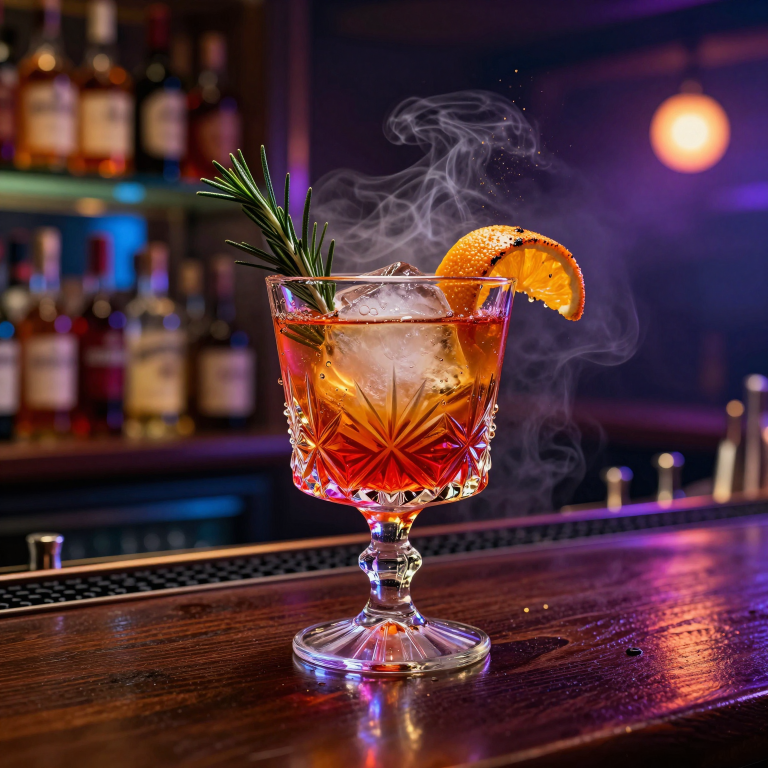 一张极具视觉冲击力的高端酒吧宣传海报,竖向构图(2:3比例)。
**主体描述:**
画面中央特写一杯精致诱人的特调鸡尾酒,盛放在雕花繁复的水晶古典杯中。酒液呈现出迷人的琥珀色与绯红色的渐变,巨大的手工雕刻冰球在杯中晶莹剔透,冰球内部折射着周围的光线。杯壁上挂着细腻且逼真的冷凝水珠,显得极度冰爽。杯口装饰着一片烤焦边缘的橙皮卷和一枝青翠的迷迭香,仿佛能闻到微醺的香气。
**场景环境:**
背景是典型的现代地下酒吧(Speakeasy)风格,深景深效果处理。模糊的背景展示了摆满各式各样高端酒瓶的背光酒架,形成绚丽多彩的圆形散景(Bokeh)。空气中弥漫着淡淡的干冰烟雾和金色微尘,营造出神秘、奢华且充满活力的夜生活氛围。放置酒杯的吧台是深色胡桃木材质,纹理清晰,表面反射着霓虹灯的倒影。
**艺术风格:**
专业商业广告摄影风格,融合了赛博朋克(Cyberpunk)的霓虹美学与装饰艺术(Art Deco)的优雅线条。具有王家卫电影般的浓郁色调和情绪感,视觉风格既现代又复古。
**技术参数:**
戏剧性的布光,使用侧逆光勾勒酒杯的轮廓,主光源为暖金色聚光灯照亮酒体,背景辅以电光蓝和霓虹紫的环境光,形成强烈的冷暖色彩对比。微距镜头捕捉细节,ISO感光度极低以保证画面纯净,8K超高分辨率,光线追踪渲染,纹理真实。画面顶部预留约三分之一的负空间(Negative Space)以便后期添加宣传文案。
**质量标签:**
杰作,超写实主义,极度精细,获奖摄影作品,4k画质,商业海报级别,视觉震撼。