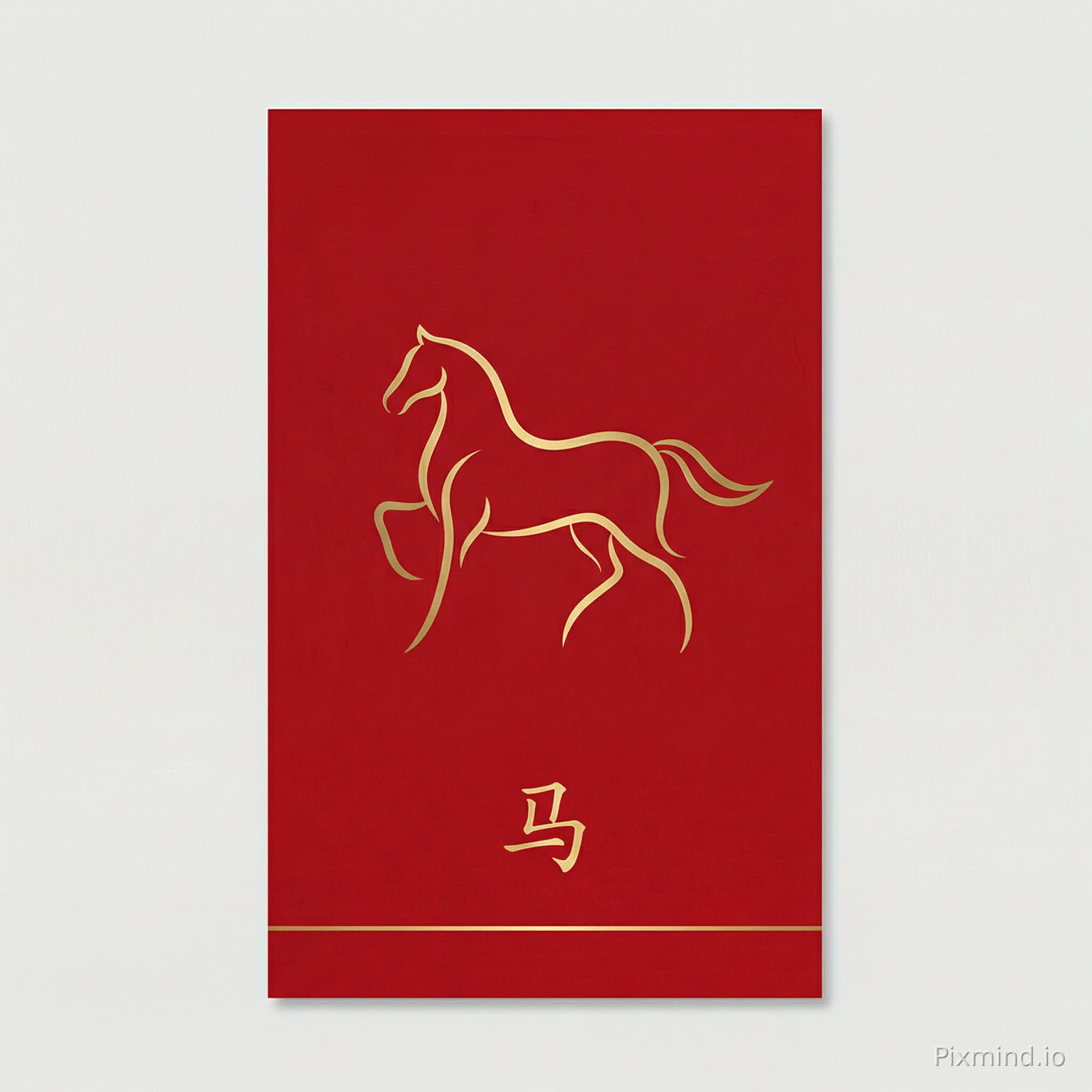 主体:仅用鎏金线条勾勒的抽象小马轮廓(无多余细节),搭配极简 “马” 字书法(单字),无其他冗余元素。 • 风格:极简轻奢风,留白充足,线条感强,适合商务场景、高端品牌或简约风格偏好者。 • 构图:竖版极简构图,抽象小马轮廓居中(占据画面 30%),线条流畅;“马” 字书法位于小马正下方,字体舒展;其余区域大面积留白,仅底部加 1 条细鎏金线(分隔画面)。 • 色彩:主色为正红底、鎏金线条,无其他杂色,色彩对比强烈,简洁高级,无渐变过度的复杂效果。 • 细节:鎏金线条做哑光质感(避免刺眼),“马” 字书法用瘦金体(利落适配极简风格),线条边缘无毛刺;红底做轻微肌理感(类似宣纸纹理),提升质感。 • 禁忌:无多余装饰元素(保持极简)、无复杂图案叠加、不使用多种字体(仅用 1 种书法字体);不使用浅红底(显暗淡),线条不杂乱扭曲。比例3:4