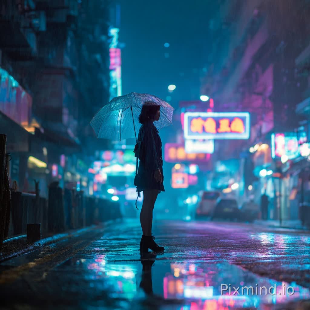 一位年轻女子独自走在一条荒凉的、霓虹灯照亮的赛博朋克街道上的全身照片,下着大雨的夜晚。她撑着一把透明雨伞,反射着周围招牌明亮的蓝色、紫色和粉色。她的黑发微微湿润,贴在脸上。湿漉漉的路面像镜子一样反射着城市灯光。氛围忧郁而电影感十足。雨滴清晰可见。使用85毫米镜头拍摄,f/1.8光圈,城市灯光虚化,黑色电影美学,超写实,8K画质。