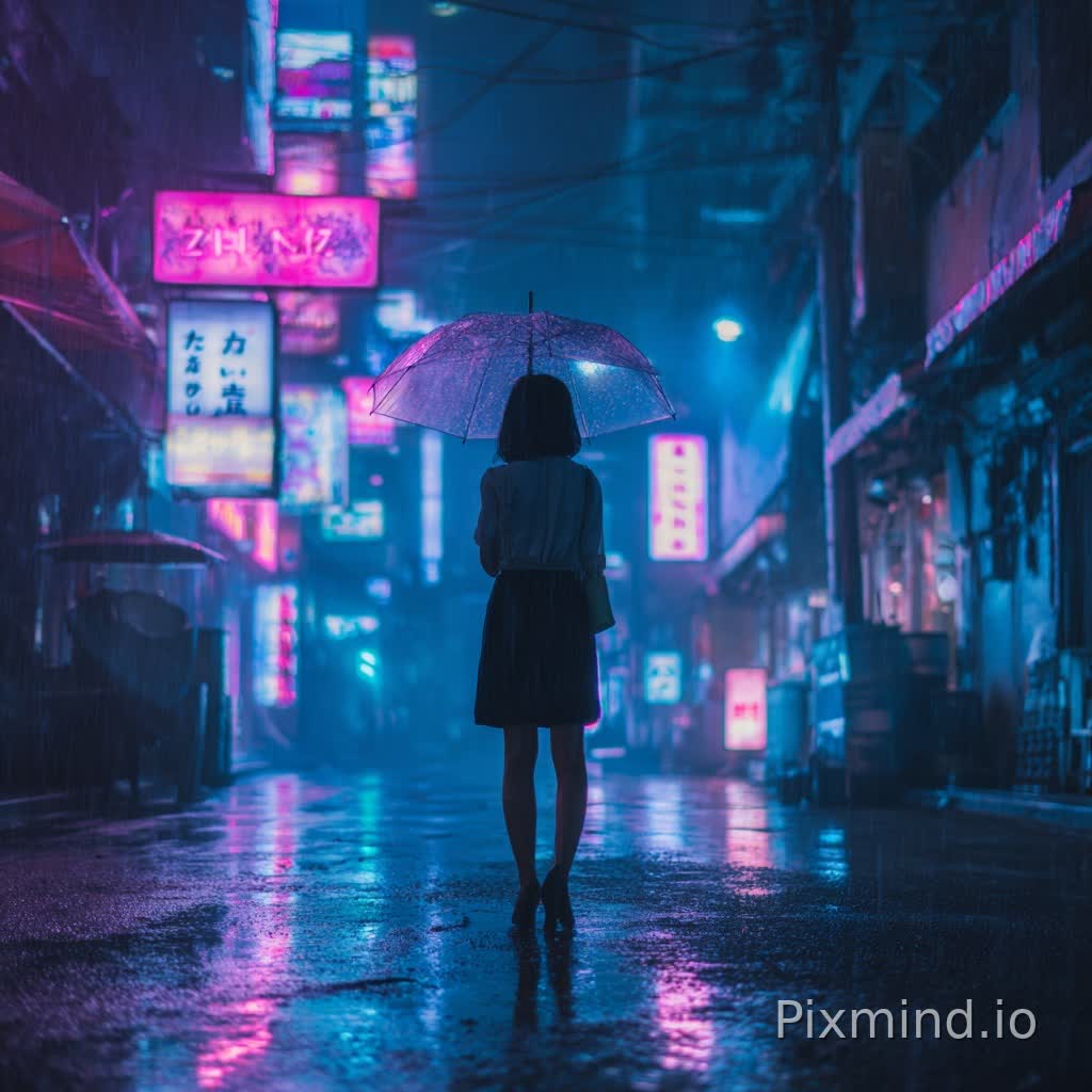 一位年轻女子独自走在一条荒凉的、霓虹灯照亮的赛博朋克街道上的全身照片,下着大雨的夜晚。她撑着一把透明雨伞,反射着周围招牌明亮的蓝色、紫色和粉色。她的黑发微微湿润,贴在脸上。湿漉漉的路面像镜子一样反射着城市灯光。氛围忧郁而电影感十足。雨滴清晰可见。使用85毫米镜头拍摄,f/1.8光圈,城市灯光虚化,黑色电影美学,超写实,8K画质。
