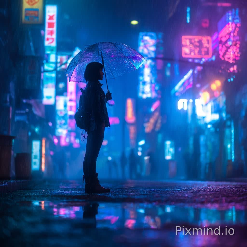 一位年轻女子独自走在一条荒凉的、霓虹灯照亮的赛博朋克街道上的全身照片,下着大雨的夜晚。她撑着一把透明雨伞,反射着周围招牌明亮的蓝色、紫色和粉色。她的黑发微微湿润,贴在脸上。湿漉漉的路面像镜子一样反射着城市灯光。氛围忧郁而电影感十足。雨滴清晰可见。使用85毫米镜头拍摄,f/1.8光圈,城市灯光虚化,黑色电影美学,超写实,8K画质。