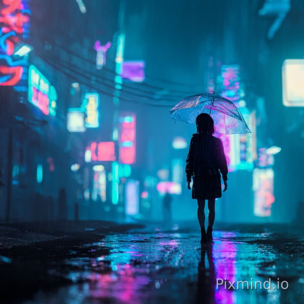 一位年轻女子独自走在一条荒凉的、霓虹灯照亮的赛博朋克街道上的全身照片,下着大雨的夜晚。她撑着一把透明雨伞,反射着周围招牌明亮的蓝色、紫色和粉色。她的黑发微微湿润,贴在脸上。湿漉漉的路面像镜子一样反射着城市灯光。氛围忧郁而电影感十足。雨滴清晰可见。使用85毫米镜头拍摄,f/1.8光圈,城市灯光虚化,黑色电影美学,超写实,8K画质。