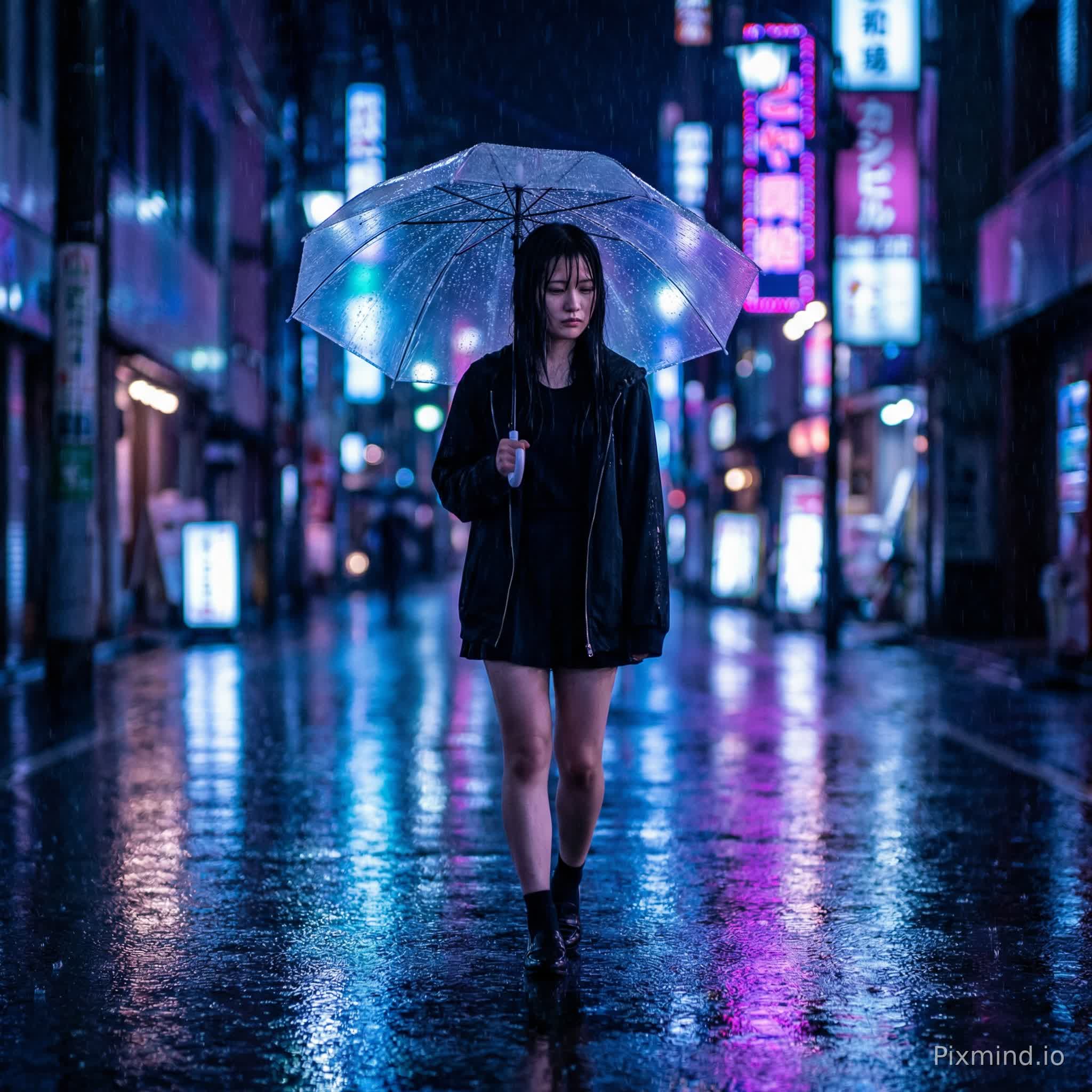 一位年轻女子独自走在一条荒凉的、霓虹灯照亮的赛博朋克街道上的全身照片,下着大雨的夜晚。她撑着一把透明雨伞,反射着周围招牌明亮的蓝色、紫色和粉色。她的黑发微微湿润,贴在脸上。湿漉漉的路面像镜子一样反射着城市灯光。氛围忧郁而电影感十足。雨滴清晰可见。使用85毫米镜头拍摄,f/1.8光圈,城市灯光虚化,黑色电影美学,超写实,8K画质。