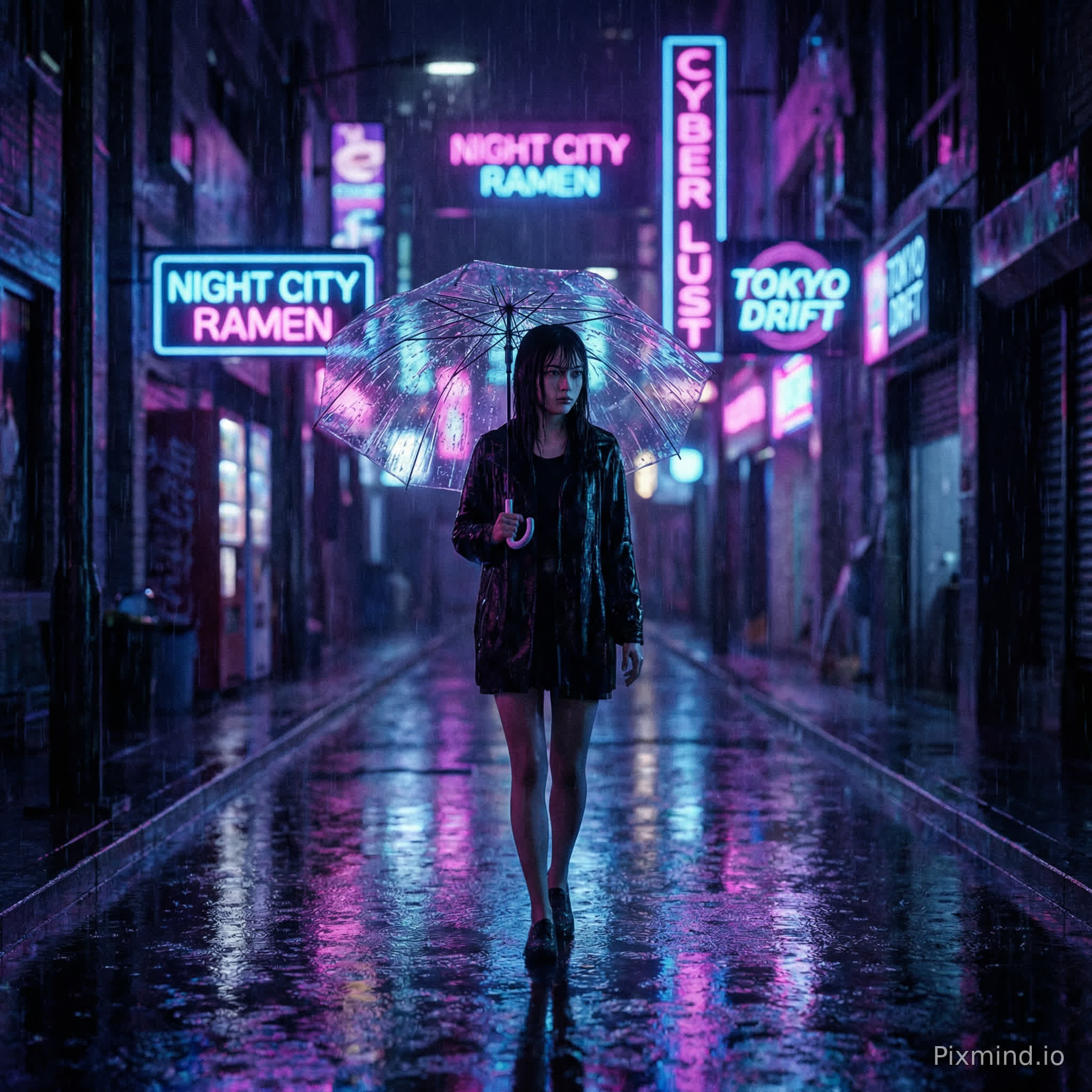 一位年轻女子独自走在一条荒凉的、霓虹灯照亮的赛博朋克街道上的全身照片,下着大雨的夜晚。她撑着一把透明雨伞,反射着周围招牌明亮的蓝色、紫色和粉色。她的黑发微微湿润,贴在脸上。湿漉漉的路面像镜子一样反射着城市灯光。氛围忧郁而电影感十足。雨滴清晰可见。使用85毫米镜头拍摄,f/1.8光圈,城市灯光虚化,黑色电影美学,超写实,8K画质。