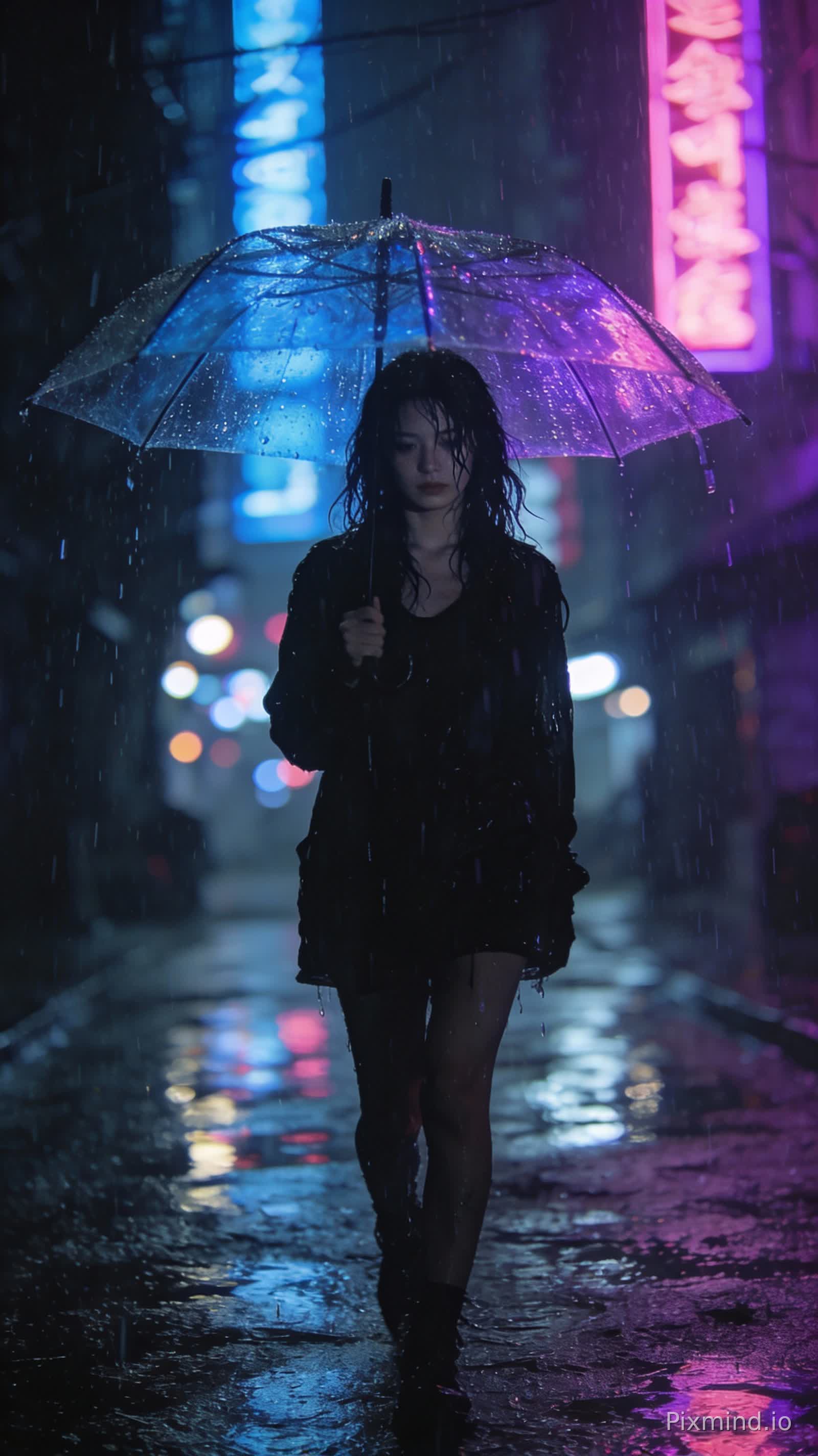 一位年轻女子独自走在一条荒凉的、霓虹灯照亮的赛博朋克街道上的全身照片,下着大雨的夜晚。她撑着一把透明雨伞,反射着周围招牌明亮的蓝色、紫色和粉色。她的黑发微微湿润,贴在脸上。湿漉漉的路面像镜子一样反射着城市灯光。氛围忧郁而电影感十足。雨滴清晰可见。使用85毫米镜头拍摄,f/1.8光圈,城市灯光虚化,黑色电影美学,超写实,8K画质。