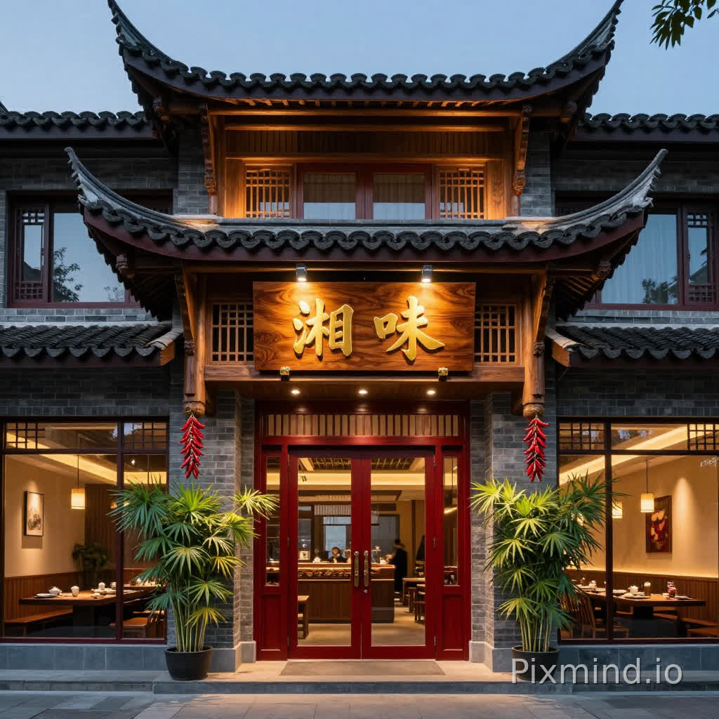 一座极具辨识度的高端湘菜馆门头设计,正中悬挂着一块厚重的黑胡桃木牌匾,上面使用雄浑有力的金色立体书法字体书写着“湘味”二字,在背光的映衬下熠熠生辉。建筑风格采用精致的“新中式”美学,巧妙融合了湘西传统建筑的飞檐翘角元素与现代极简主义线条。 门头立面使用深灰色的青砖与温润的原木格栅进行拼接,质感粗犷而雅致。入口两侧装饰有艺术化的红色干辣椒串造型装置,既作为视觉焦点,又隐喻湘菜的热辣鲜香。门前摆放着几丛翠绿的凤尾竹盆景,与深红色的木质门框形成鲜明对比,增添了一份文人气息。透过通透的落地玻璃窗,可以隐约看见店内温暖的灯光和热闹的用餐氛围。 画面采用傍晚时分的蓝调时刻,街道光影斑驳。专业的建筑摄影布光,暖黄色的洗墙灯柔和地照亮门头的纹理细节,招牌处采用重点照明,营造出温馨好客且充满烟火气的氛围。构图为正面平视或微仰视视角,强调建筑的对称美与庄重感。 技术参数:8k超高清分辨率,超写实主义,Octane渲染,光线追踪,体积光,电影级质感,色彩饱满,细节锐利,杰作,建筑可视化。