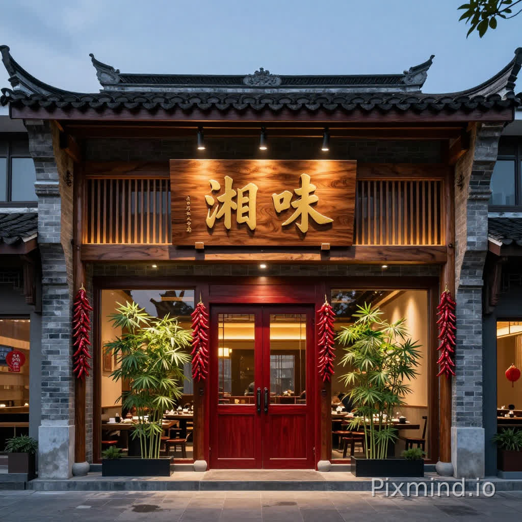 一座极具辨识度的高端湘菜馆门头设计,正中悬挂着一块厚重的黑胡桃木牌匾,上面使用雄浑有力的金色立体书法字体书写着“湘味”二字,在背光的映衬下熠熠生辉。建筑风格采用精致的“新中式”美学,巧妙融合了湘西传统建筑的飞檐翘角元素与现代极简主义线条。 门头立面使用深灰色的青砖与温润的原木格栅进行拼接,质感粗犷而雅致。入口两侧装饰有艺术化的红色干辣椒串造型装置,既作为视觉焦点,又隐喻湘菜的热辣鲜香。门前摆放着几丛翠绿的凤尾竹盆景,与深红色的木质门框形成鲜明对比,增添了一份文人气息。透过通透的落地玻璃窗,可以隐约看见店内温暖的灯光和热闹的用餐氛围。 画面采用傍晚时分的蓝调时刻,街道光影斑驳。专业的建筑摄影布光,暖黄色的洗墙灯柔和地照亮门头的纹理细节,招牌处采用重点照明,营造出温馨好客且充满烟火气的氛围。构图为正面平视或微仰视视角,强调建筑的对称美与庄重感。 技术参数:8k超高清分辨率,超写实主义,Octane渲染,光线追踪,体积光,电影级质感,色彩饱满,细节锐利,杰作,建筑可视化。