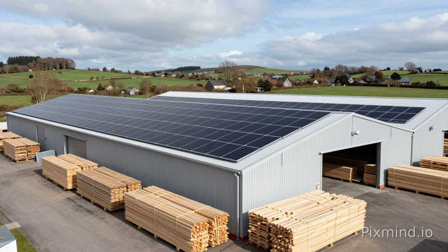 Photorealistic wide-angle image of a UK timber yard in rural Wales with a large industrial warehouse roof fully fitted with modern black solar panels. Stacks of timber and wooden pallets visible in the yard below. Overcast but bright Welsh daylight, realistic lighting and shadows, professional commercial photography style, ultra-high detail, natural colours, sharp focus, realistic textures. No people posing, no branding, no logos, no text. Looks like a genuine commercial solar installation photographed by a professional photographer.