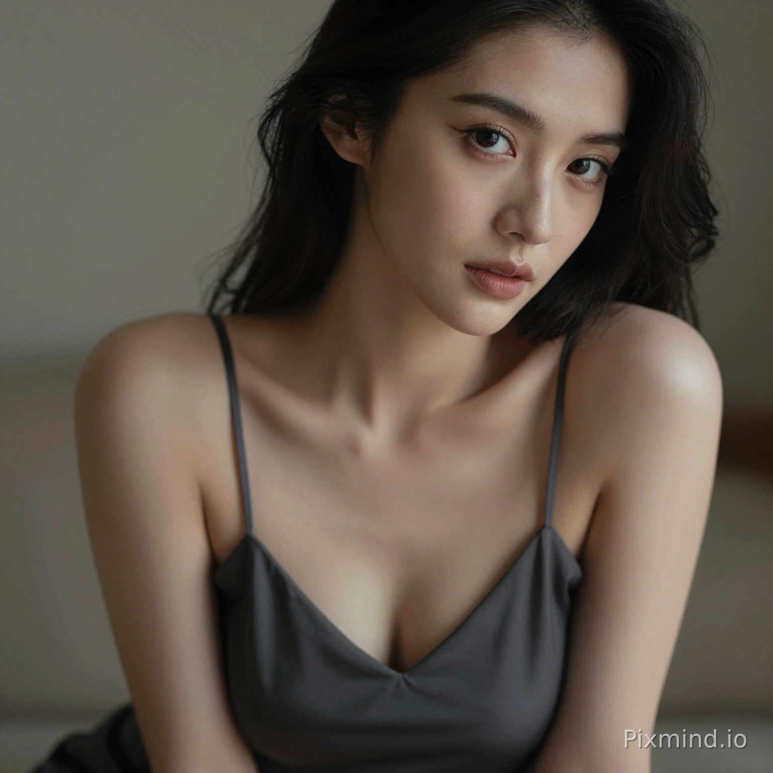 A sensual woman leaning slightly forward, deep neckline dress, subtle cleavage, inviting gaze, soft focus background, intimate framing, realistic skin highlights, moody lighting, editorial sensual photography