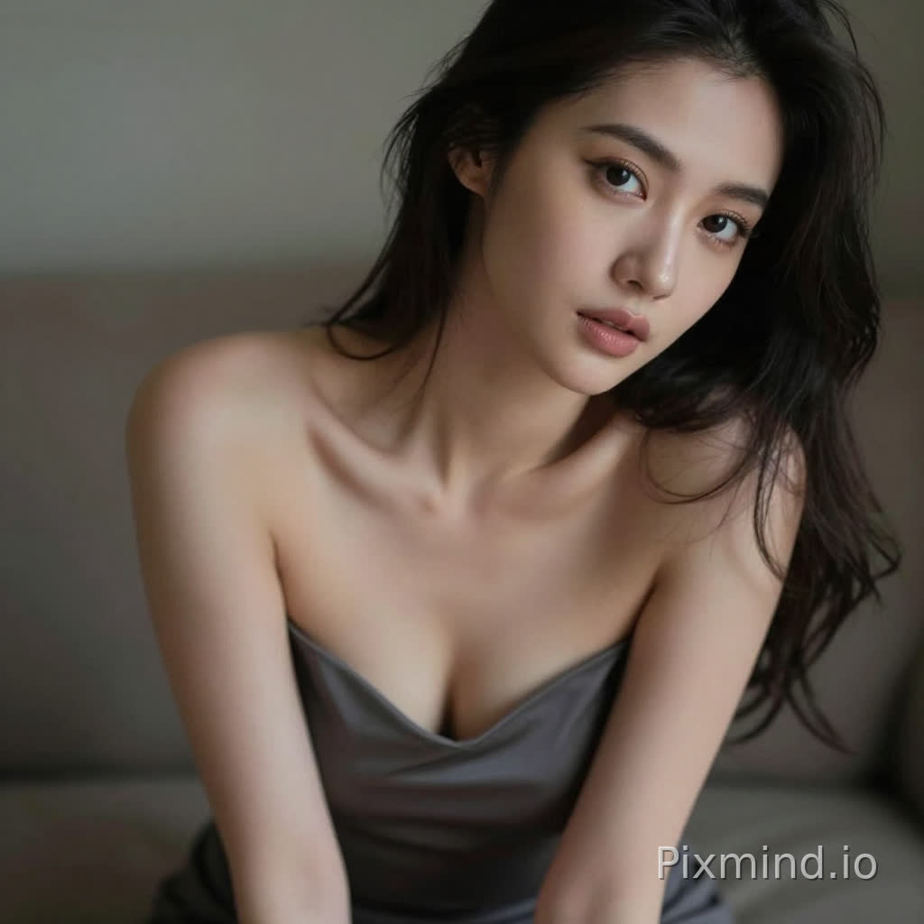 A sensual woman leaning slightly forward, deep neckline dress, subtle cleavage, inviting gaze, soft focus background, intimate framing, realistic skin highlights, moody lighting, editorial sensual photography