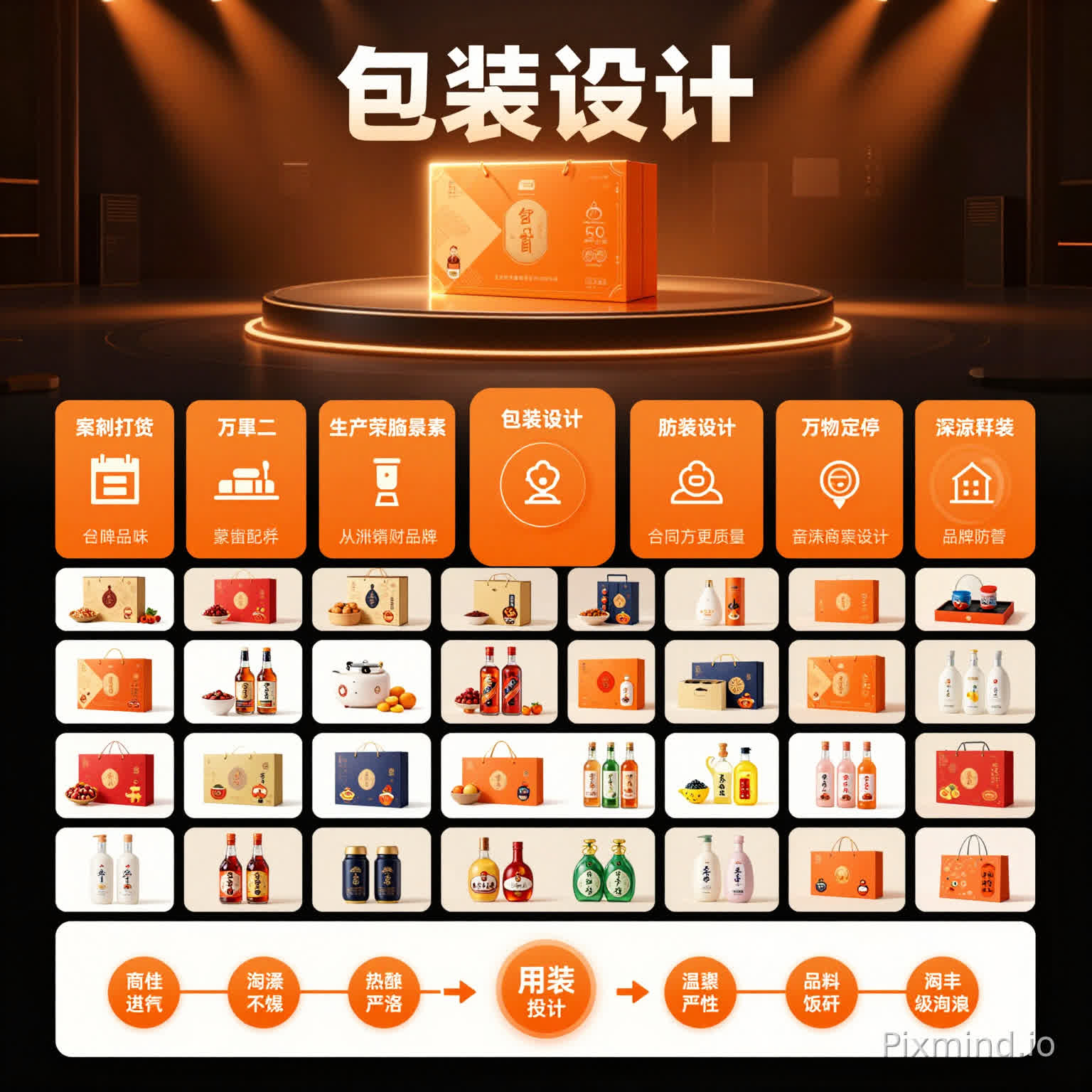 电商包装设计详情页长图,中国商业设计风格,黑色+橙色主色调,高级科技感,顶部圆形灯光舞台产品展示,发光包装盒,专业品牌包装设计服务页面,大号中文标题“包装设计”,商业营销视觉,数据模块排版,橙色数据卡片,案例瀑布流布局,多种食品酒类化妆品包装案例展示,现代平面设计,淘宝详情页风格,纵向长图,商业广告海报,高对比光影,精致排版,4k,ultra detailed
圆形舞台灯光下的包装盒展示,深色背景,橙色聚光灯,悬浮圆台,多彩包装罐头产品,商业摄影风格,品牌包装设计主视觉,科技感,电商广告海报,强对比光影,高端视觉,cinematic lighting,product showcase
橙色信息图卡片设计,商业数据展示模块,电商详情页信息排版,3D图标,扁平化UI结合,深色背景,高级商务风,包装设计公司实力展示,modern infographic
多品类包装设计案例展示墙,食品包装,酒类包装,礼盒包装,日化包装,整齐网格排版,电商详情页案例模块,白色与暖色背景交替,高级商品摄影,现代品牌视觉,商业设计展示页面,case study wall
包装设计服务流程图,橙色圆形icon,商业服务步骤说明,电商详情页底部模块,简约信息设计,中国B端服务页面风格,flat design + light 3D