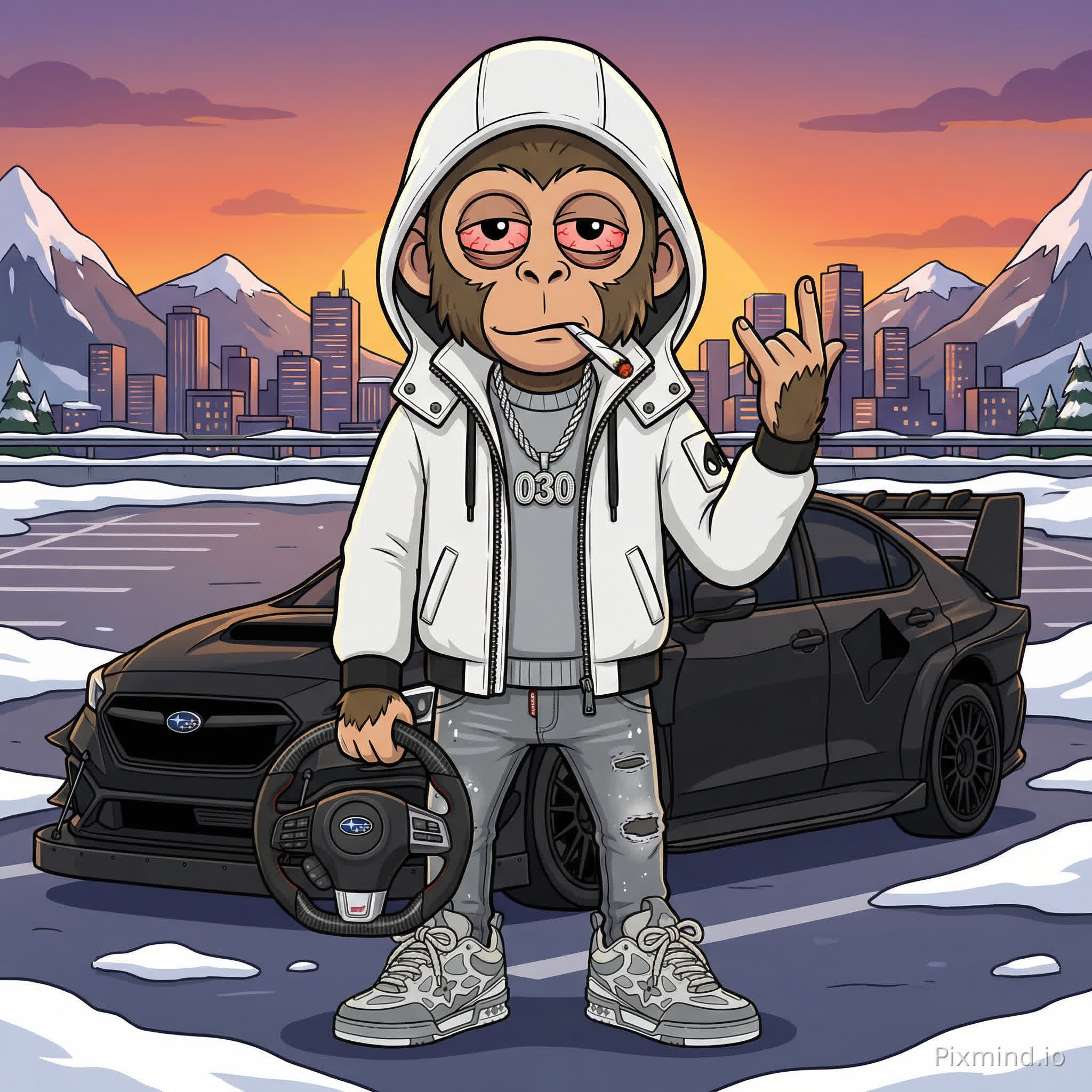 generate me an cartoon image of a squirrel monkey wearing a white Moose Knuckles Scotchtown Bomber Jacket with the hood up and its zipped open with a grey crewneck sweater underneath and a silver rope chain with a silver pendant that says 030, and grey DSQUARED2 Distressed Jeans, and grey louis vuitton skate sneakers, in his mouth he has a hand rolled white cigarette and he has bloodshot eyes, in his left hand he is holding a carbon fiber subaru steering wheel, and he is throwing up a hand sign with his right hand.
he is standing infront of a 2024 Subaru WRX Project Midnight. which is located at a empty parking lot covered with snow with a view of a city skyline in between snowy mountain tops during sunset.